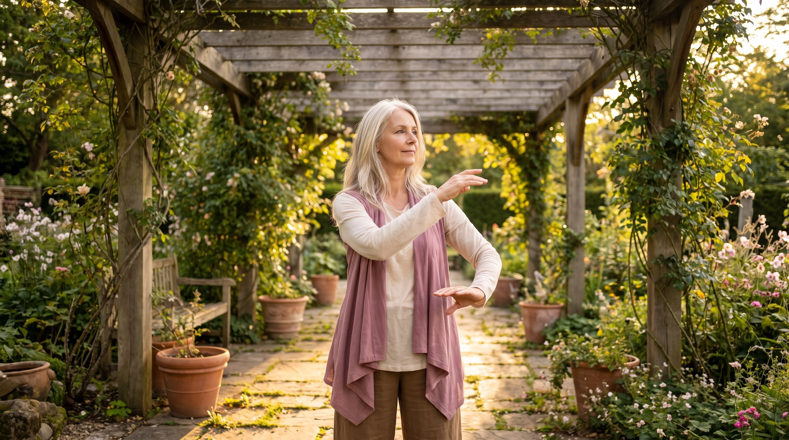 woman practising slow standing qigong movements outdoors