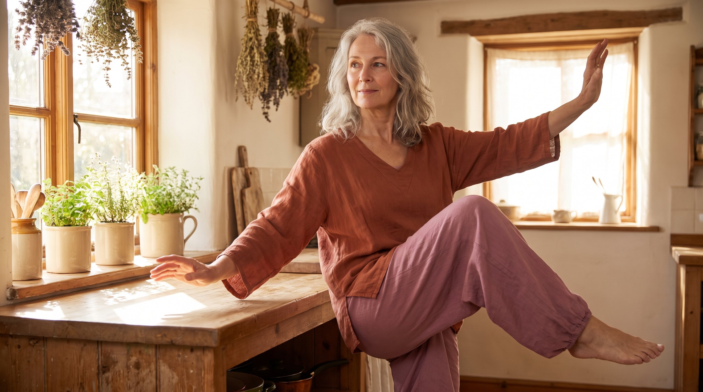 senior practising slow balance movement in kitchen near counter