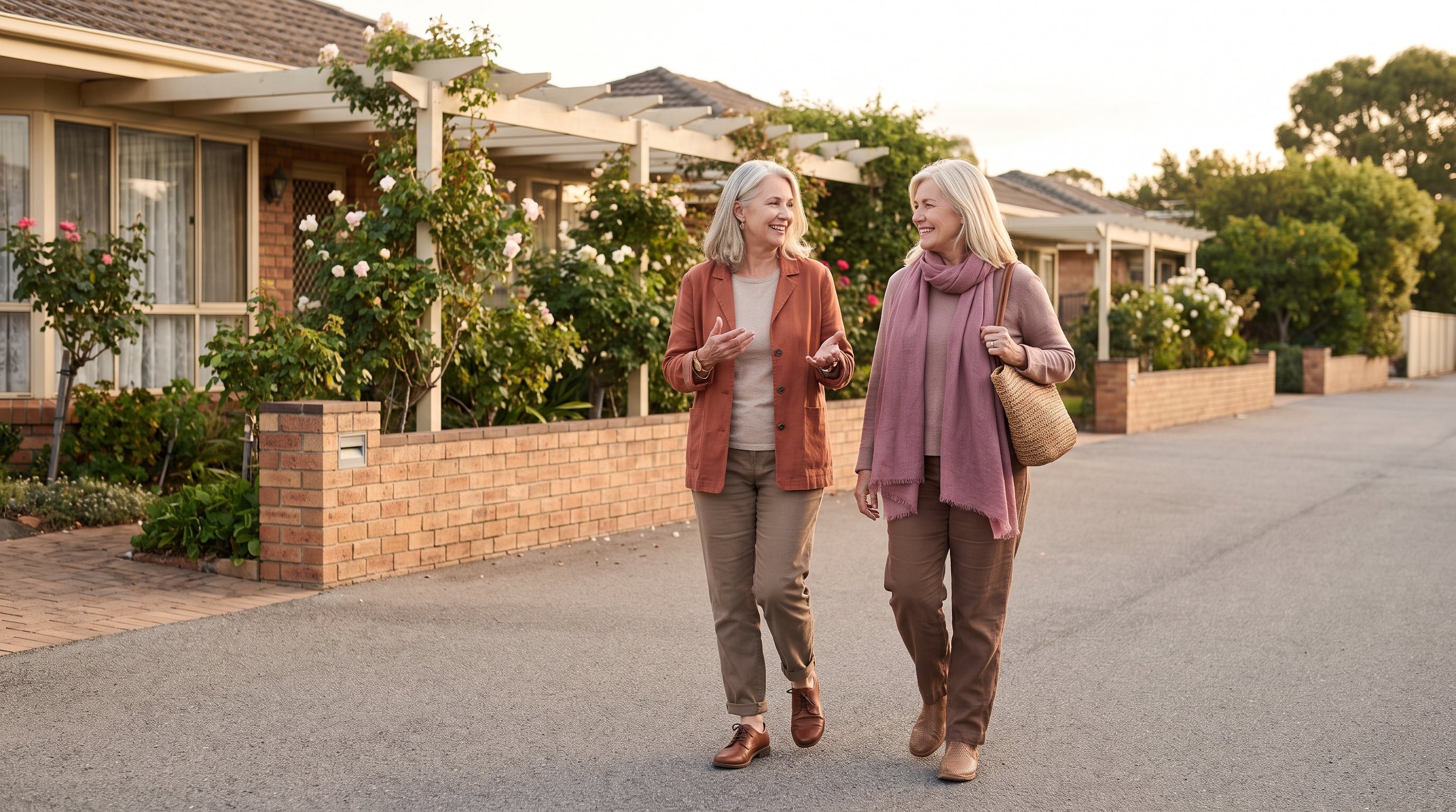 Two people walking side by side on a city pavement