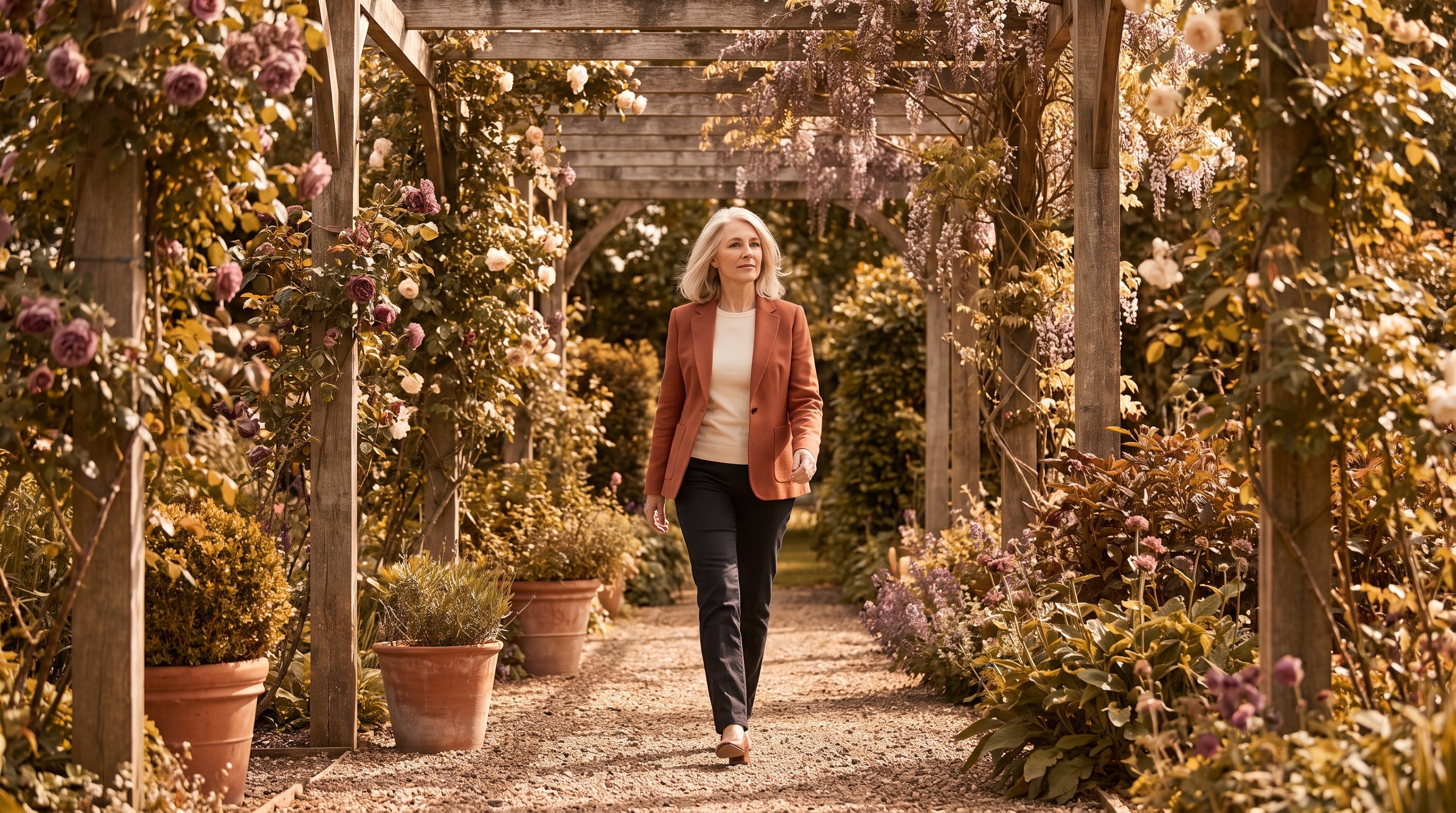 Woman walking briskly along a tree-lined path