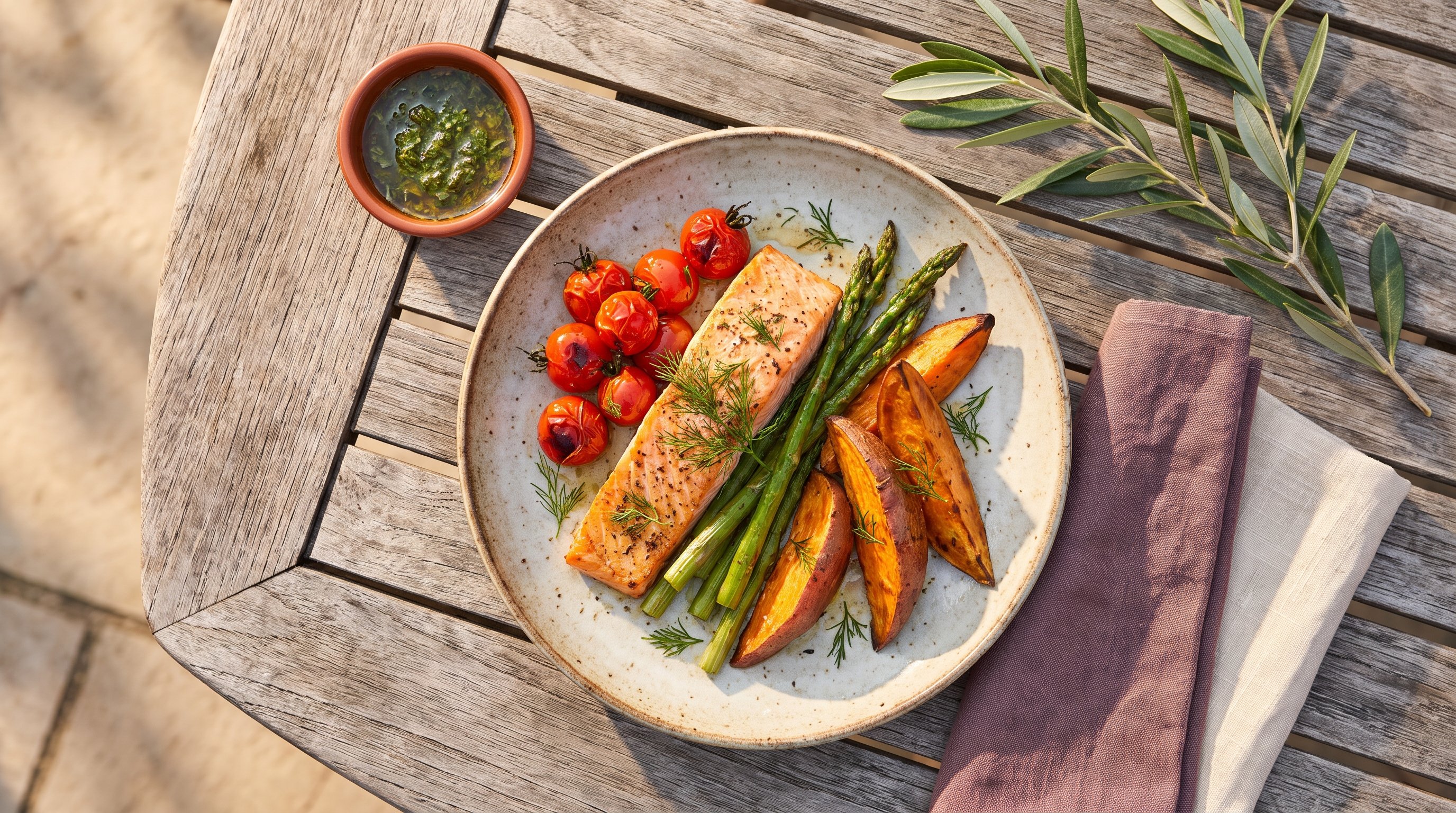 A salmon plate with vegetables on a sunny patio table