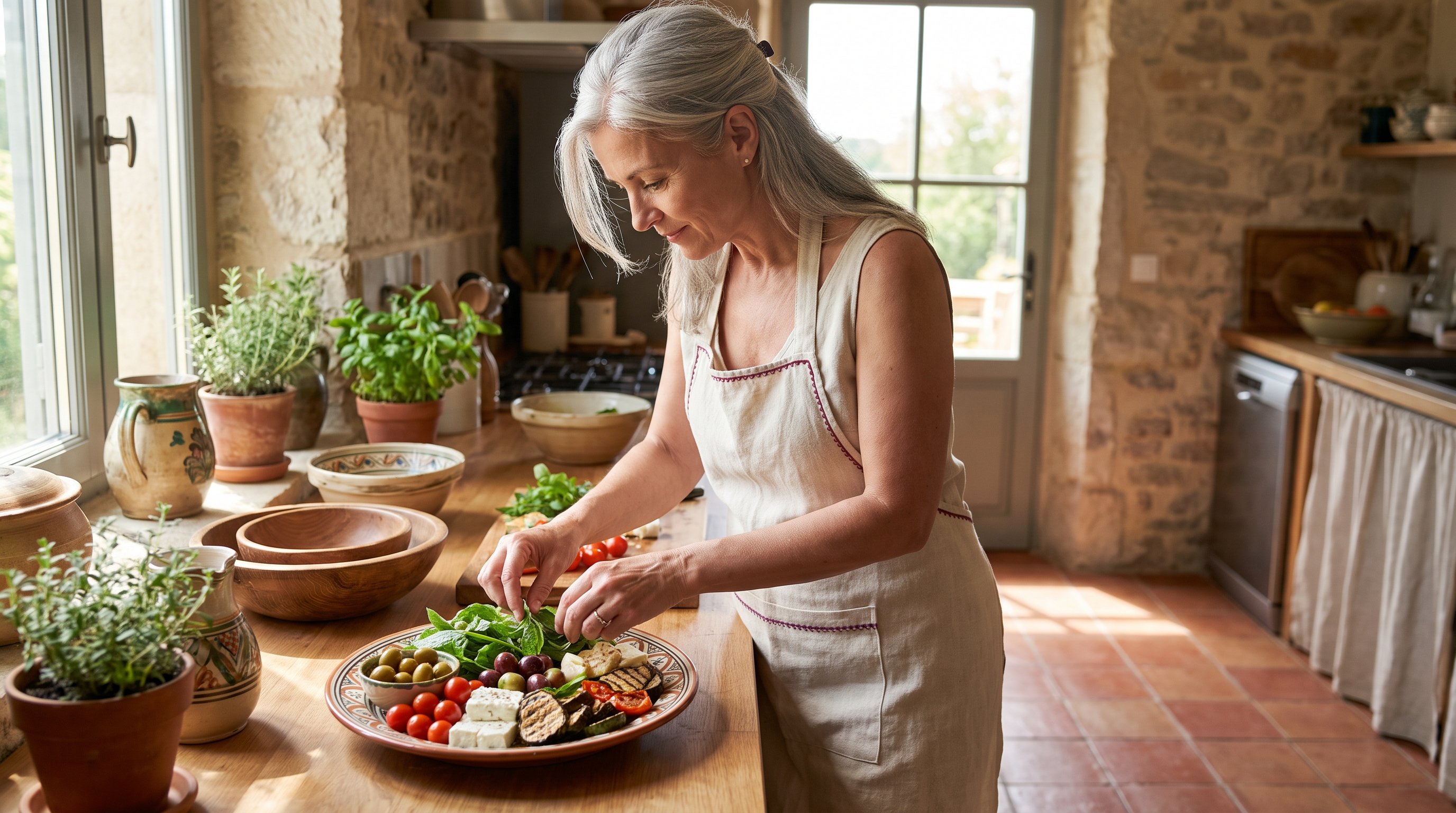 A woman in her 50s with silver hair plating a plated Mediterranean salad in a rustic kitchen