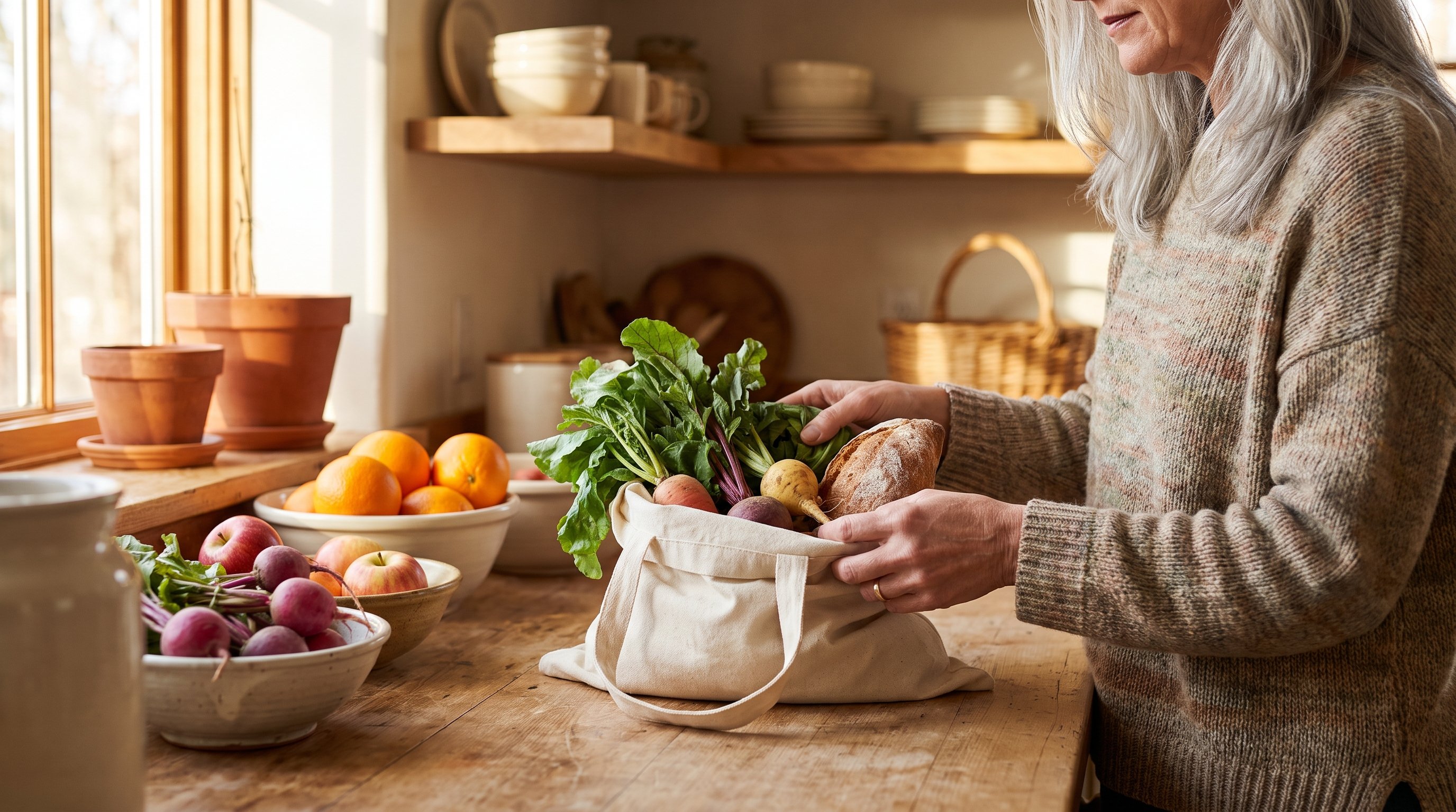 A woman in her 50s with silver hair unpacking fresh groceries in a rustic kitchen