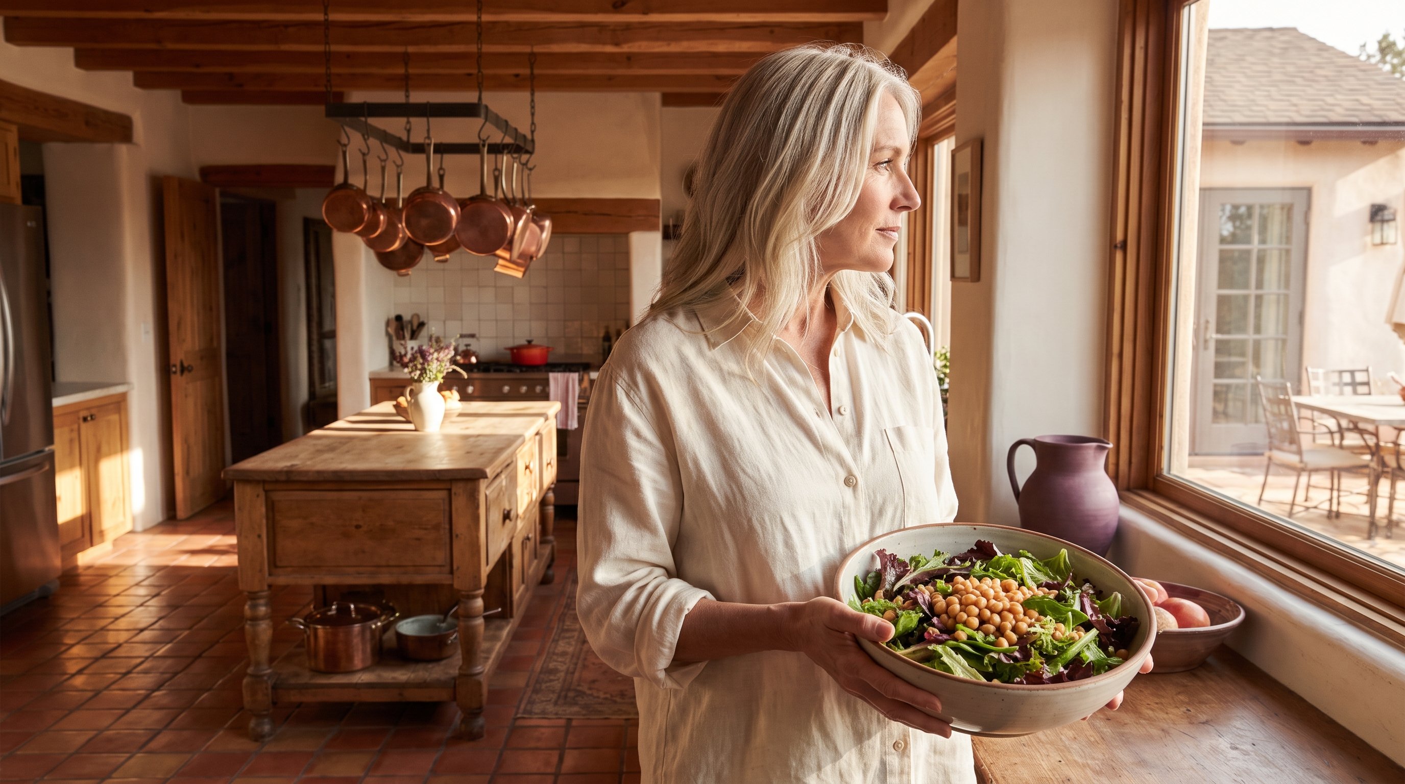 woman adding chickpeas to a bowl of mixed salad greens