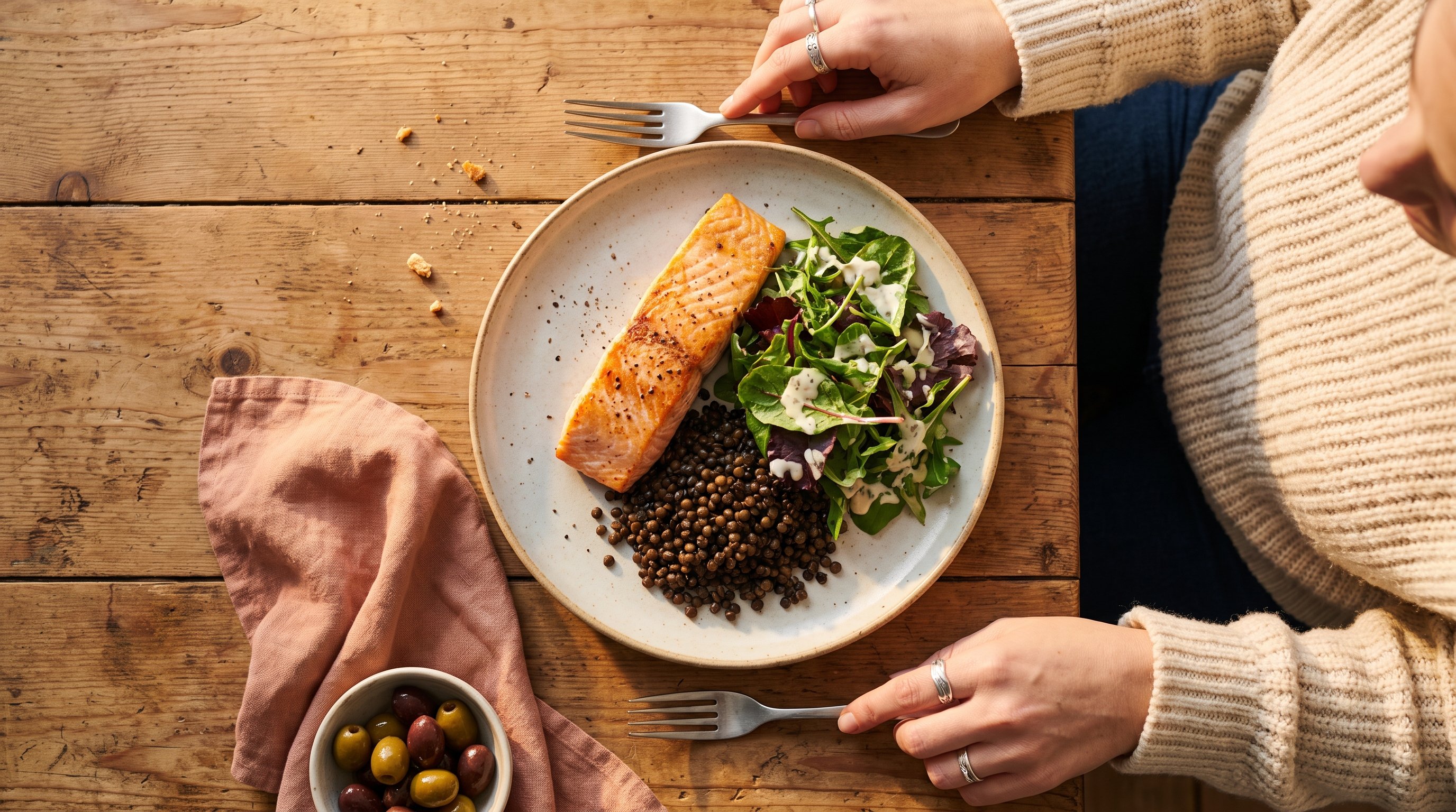 plate of salmon, lentils and leafy greens on a kitchen table plate of salmon, lentils and leafy greens on a kitchen table