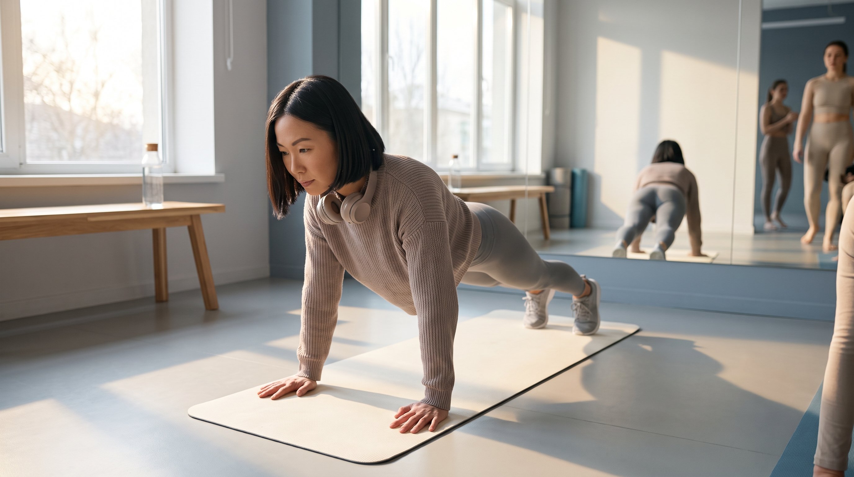 person doing push ups on a living room floor