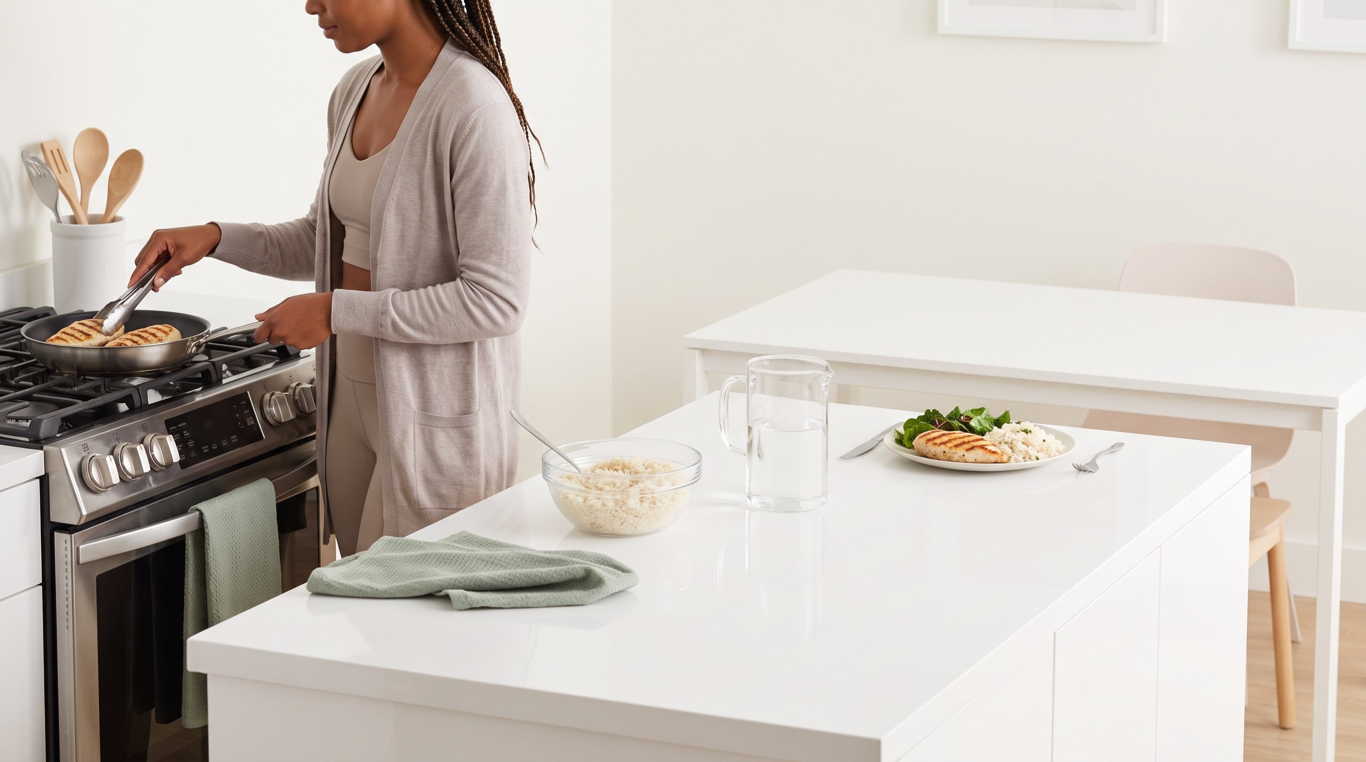 A fit woman in her 20s in neutral activewear eating grilled chicken with rice and greens at a clean white table