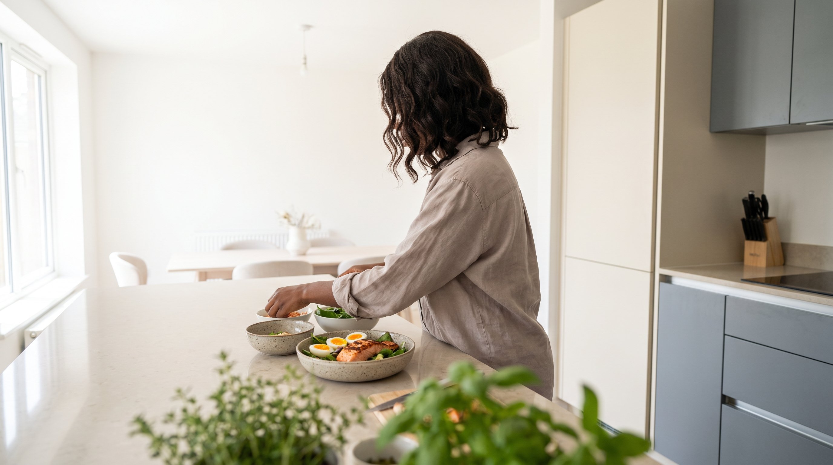 A fit woman in her 20s in neutral activewear preparing a salmon and egg protein bowl in an airy white kitchen