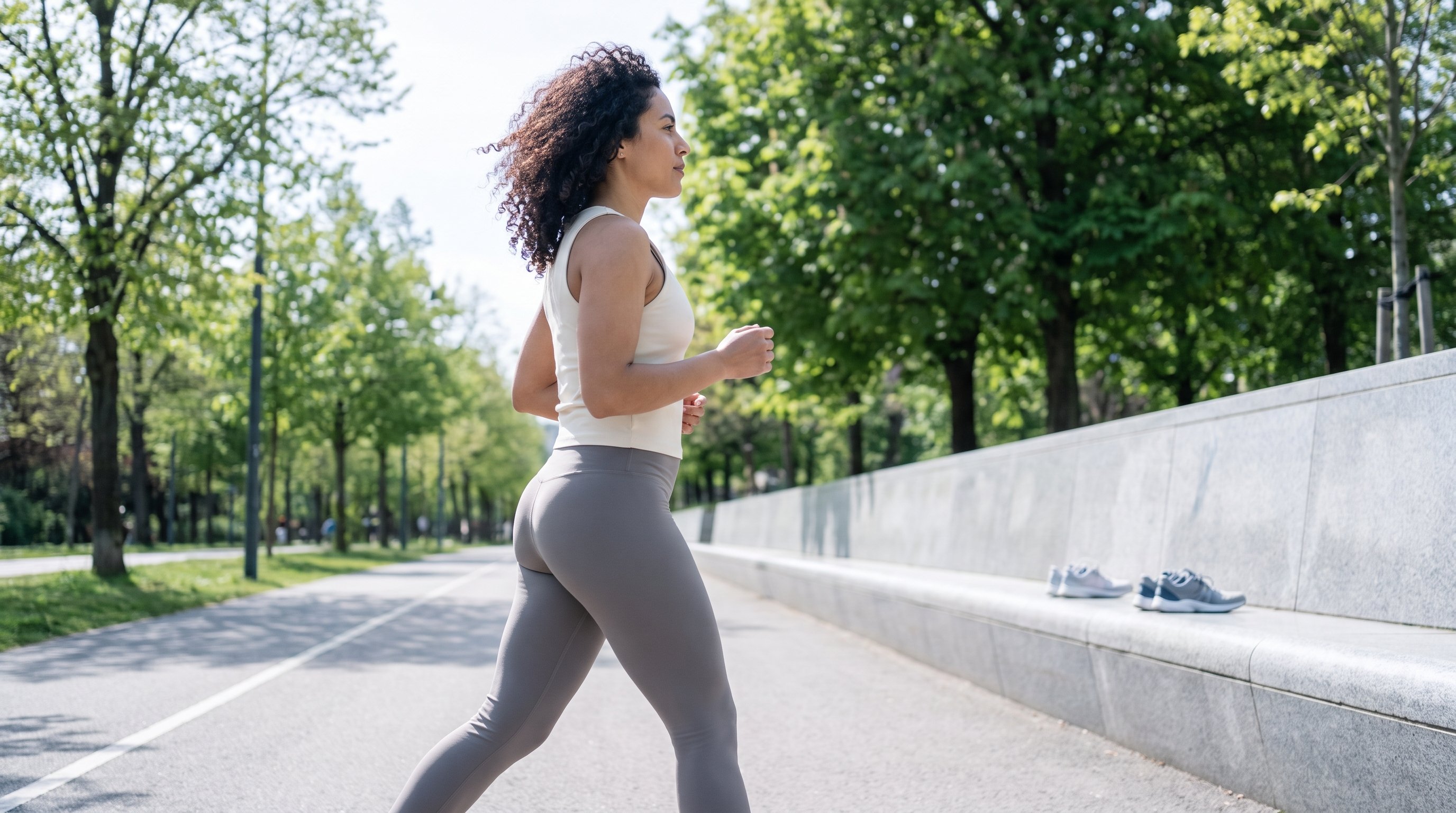 A fit woman in her 20s in neutral activewear walking outdoors on a sunny neighbourhood path