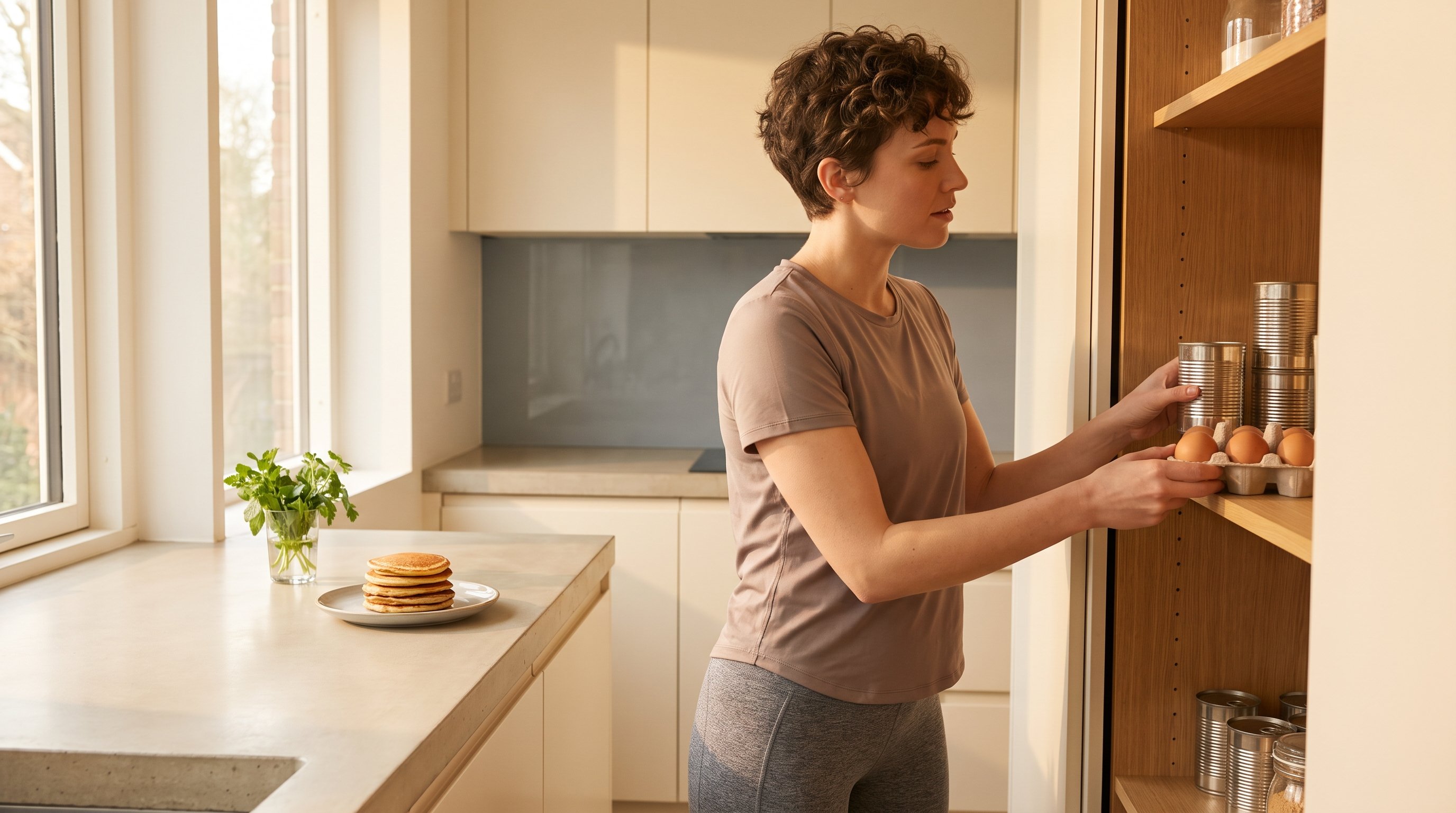 person packing eggs and beans into a kitchen cupboard