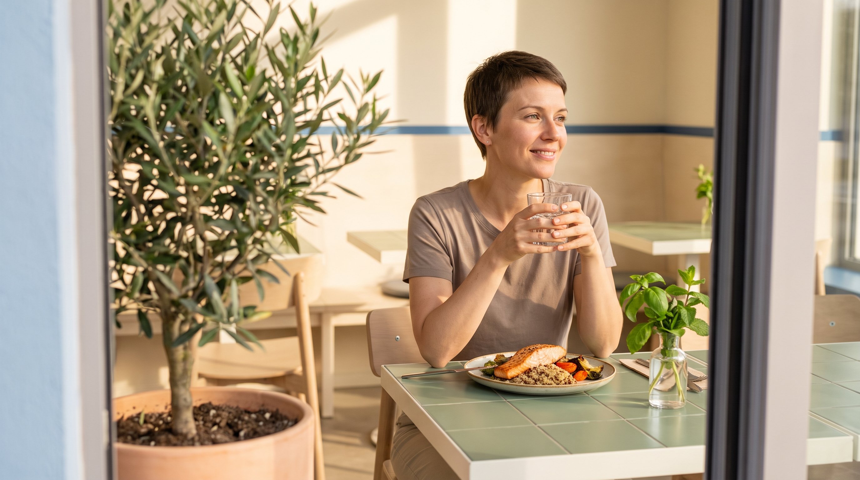 A fit woman in her 20s in neutral activewear relaxing with a glass of water after a meal at a clean white table