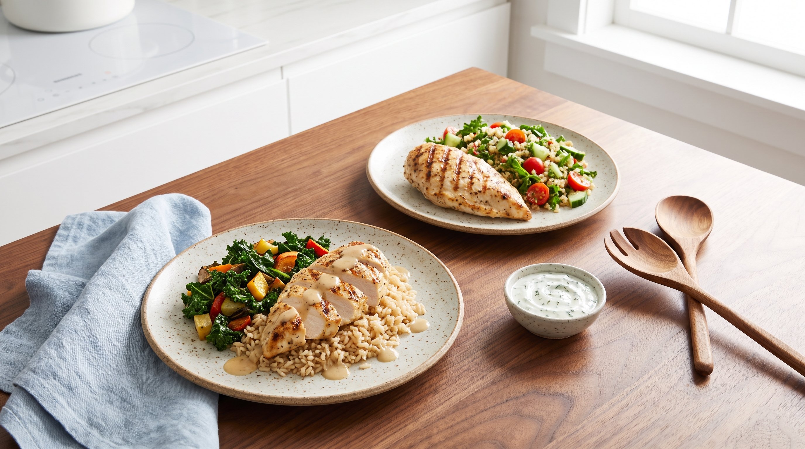 A fit woman in her 20s in neutral activewear smiling while cooking grilled chicken with rice and greens in an airy white kitchen A fit woman in her 20s in neutral activewear smiling while cooking grilled chicken with rice and greens in an airy white kitchen