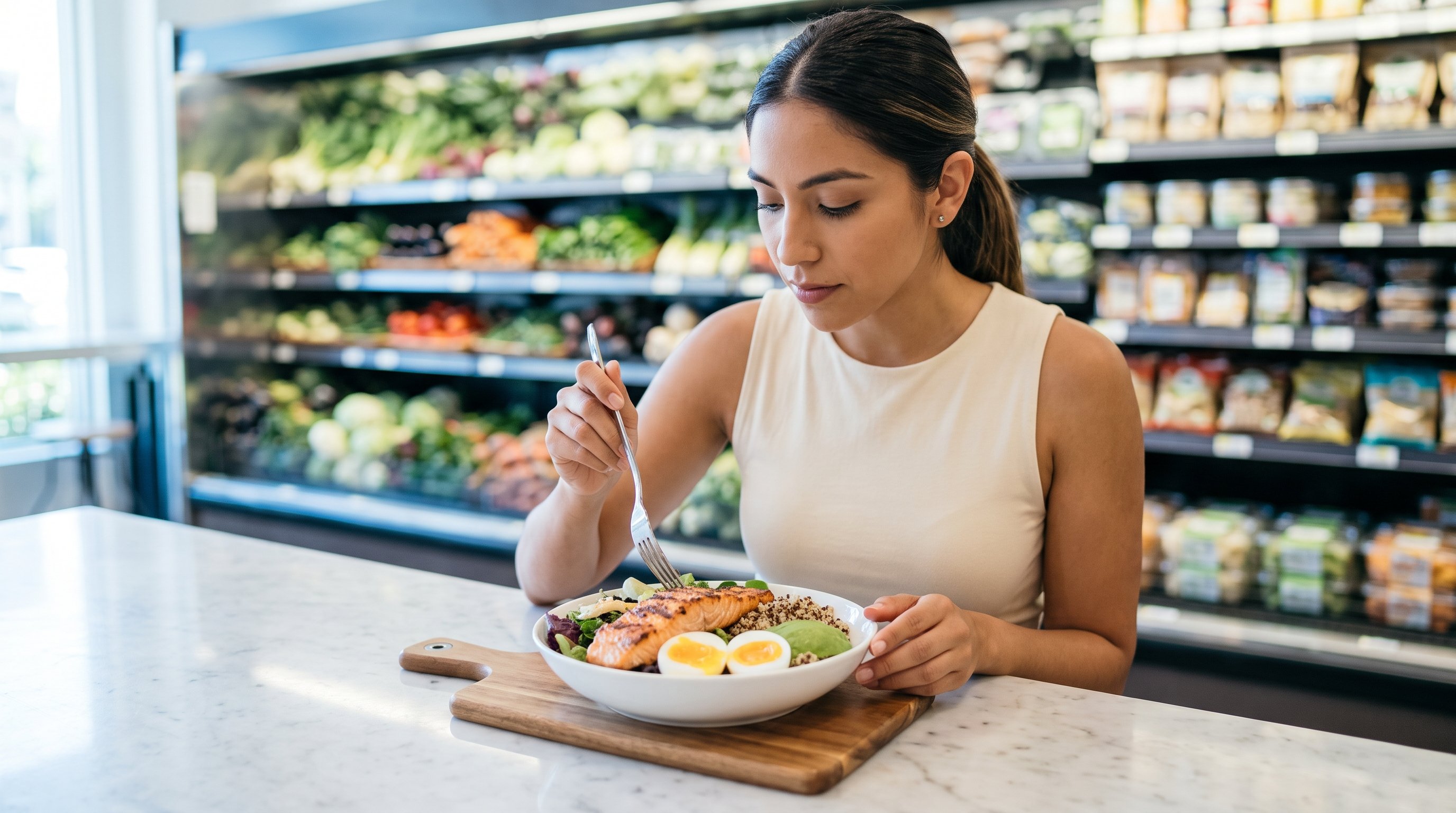 A salmon and egg protein bowl served on a clean white table
