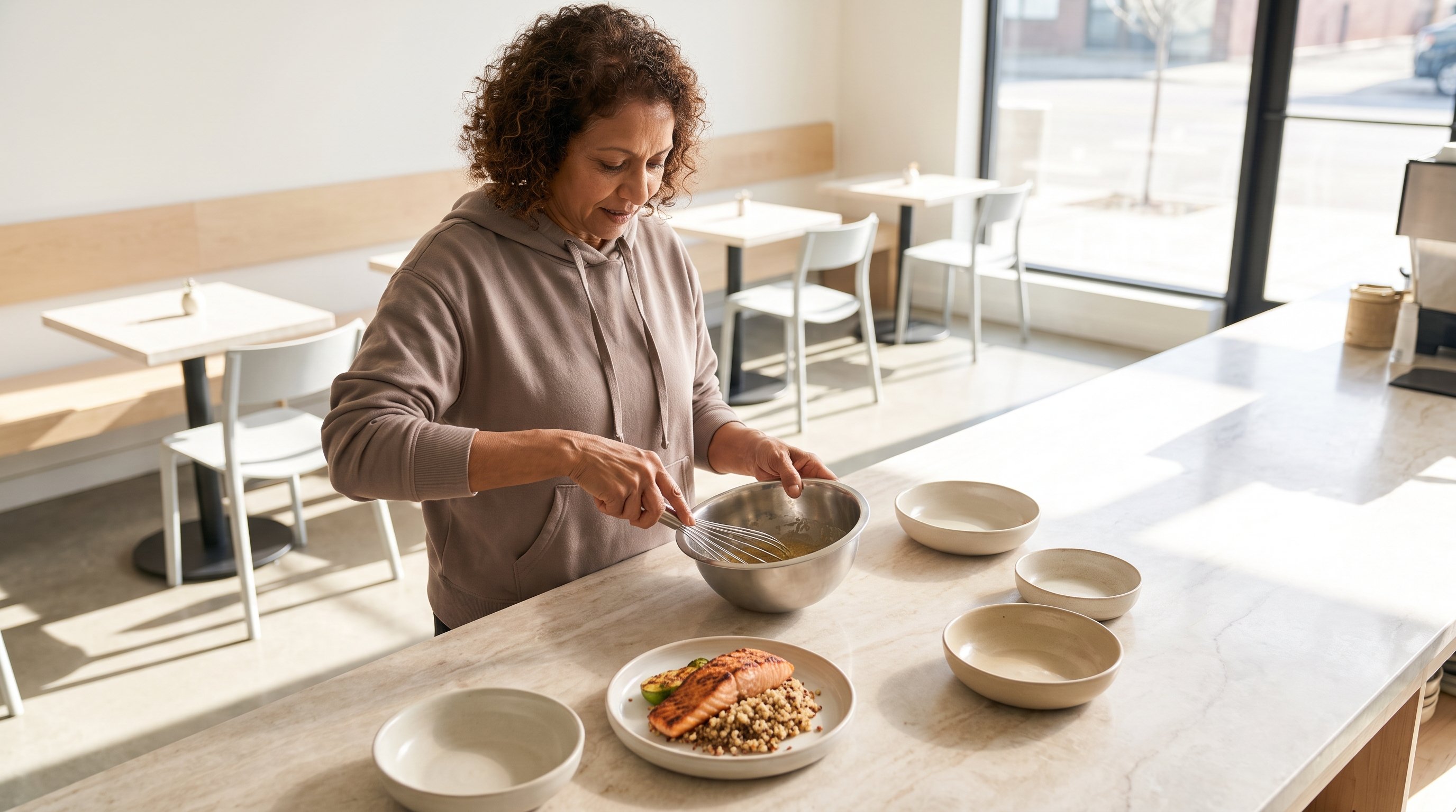 person whisking eggs in a bowl on a kitchen counter