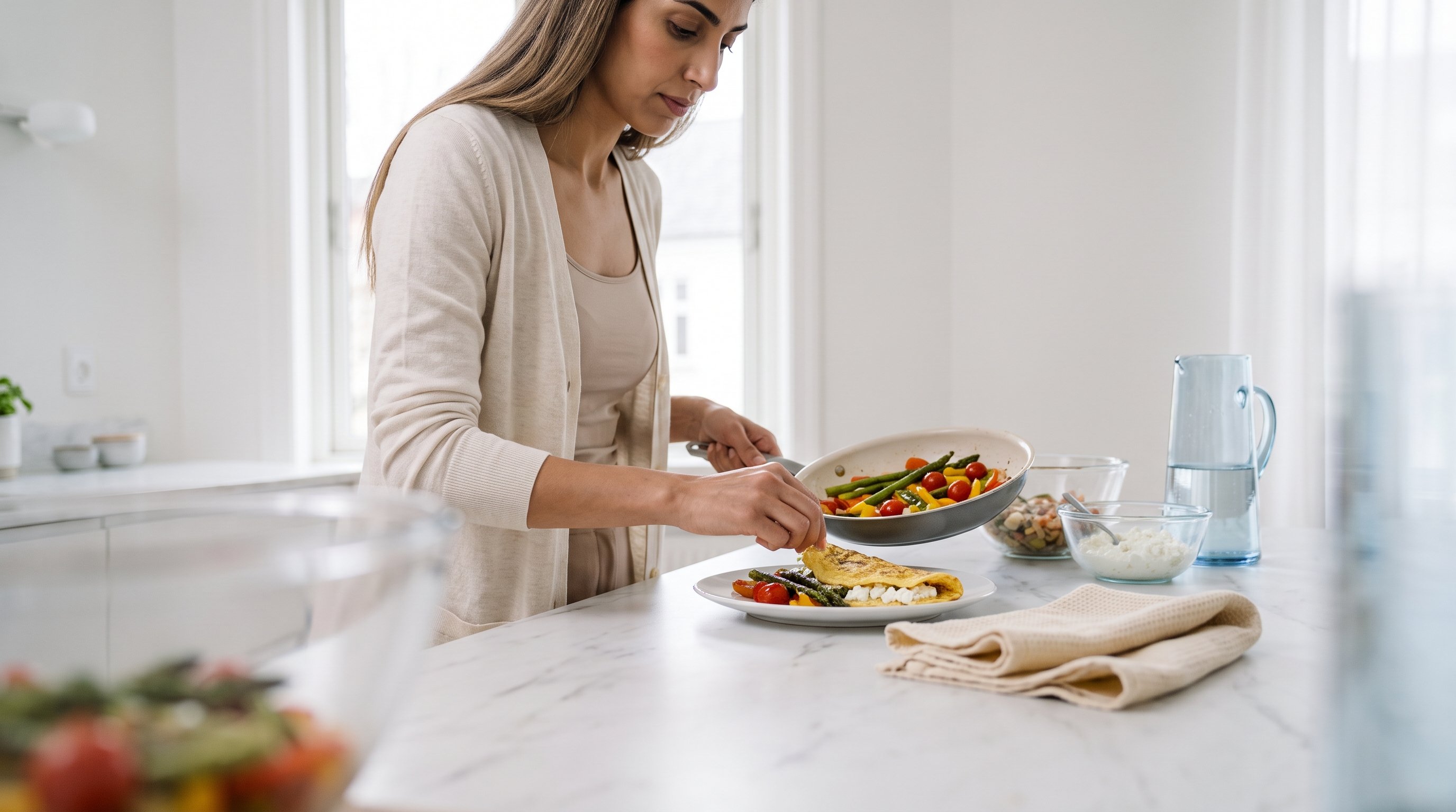 chicken and vegetable dinner plate on a kitchen table