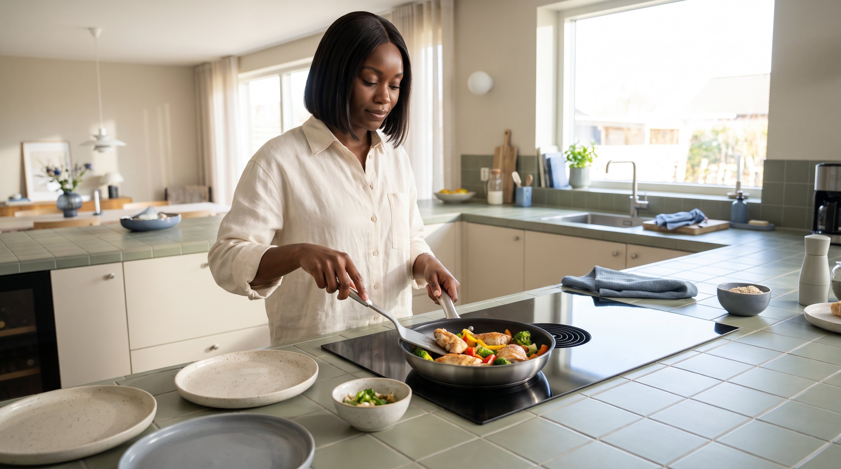 person pan-frying chicken thighs with vegetables on a stovetop