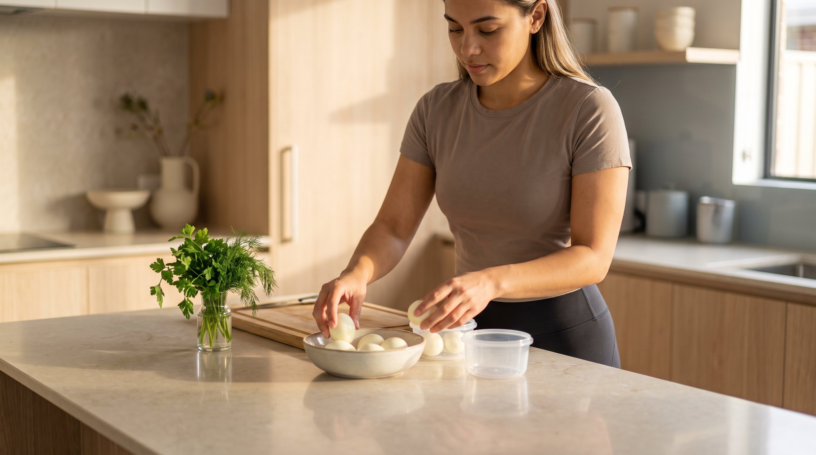 person slicing hard boiled eggs into a small container at a table