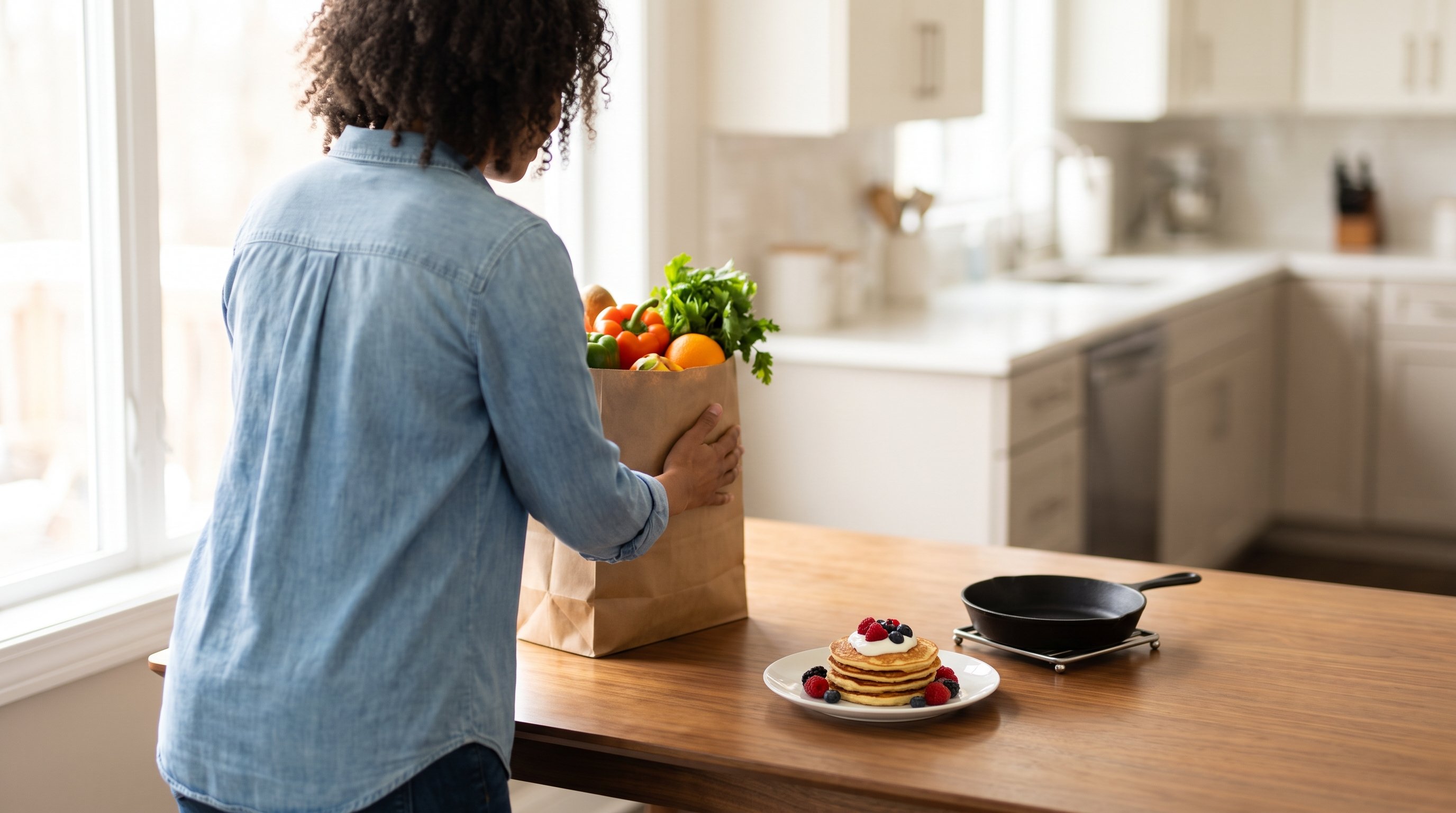 A fit woman in her 20s in neutral activewear putting groceries away in an airy white kitchen