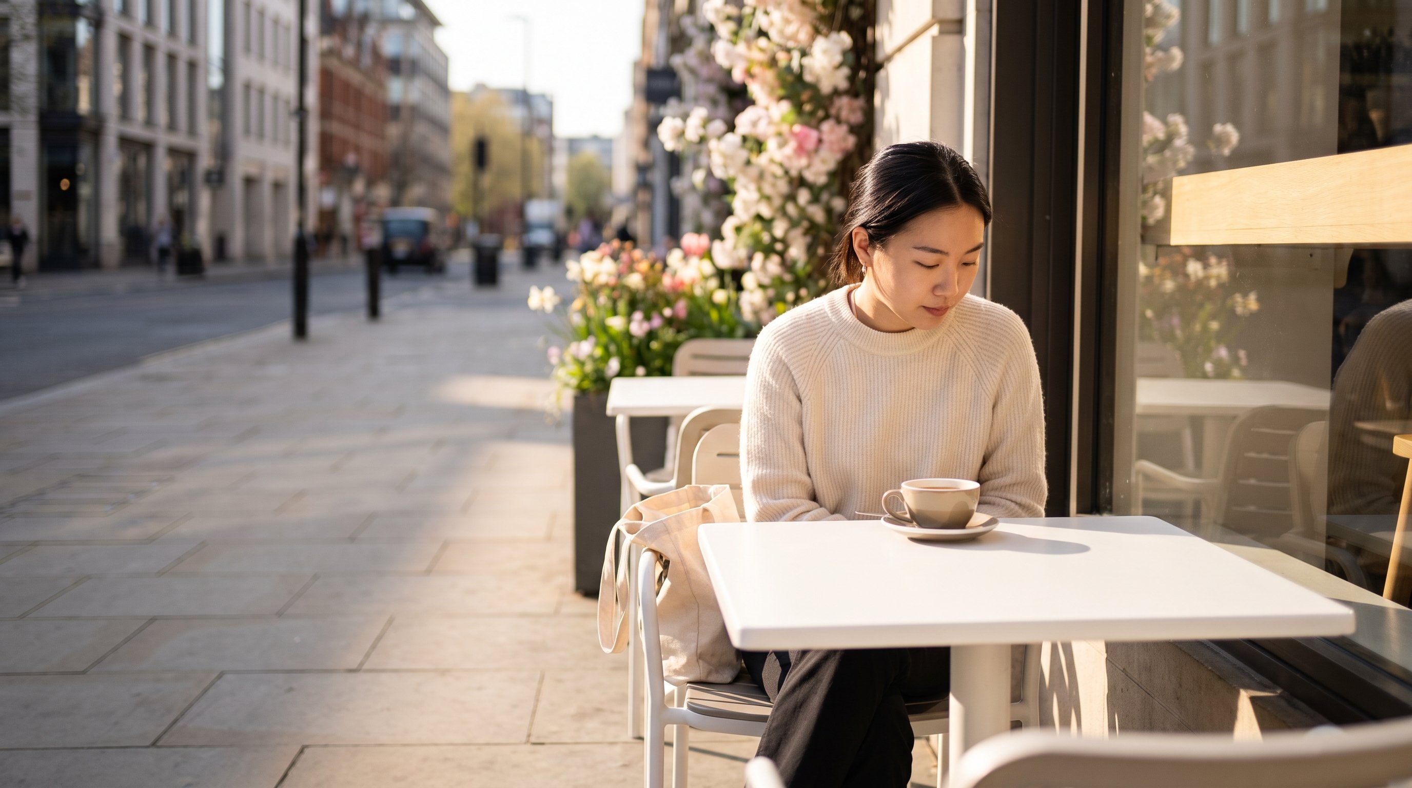 A fit woman in her 20s in neutral activewear sitting calmly at a clean white table with a cup of tea