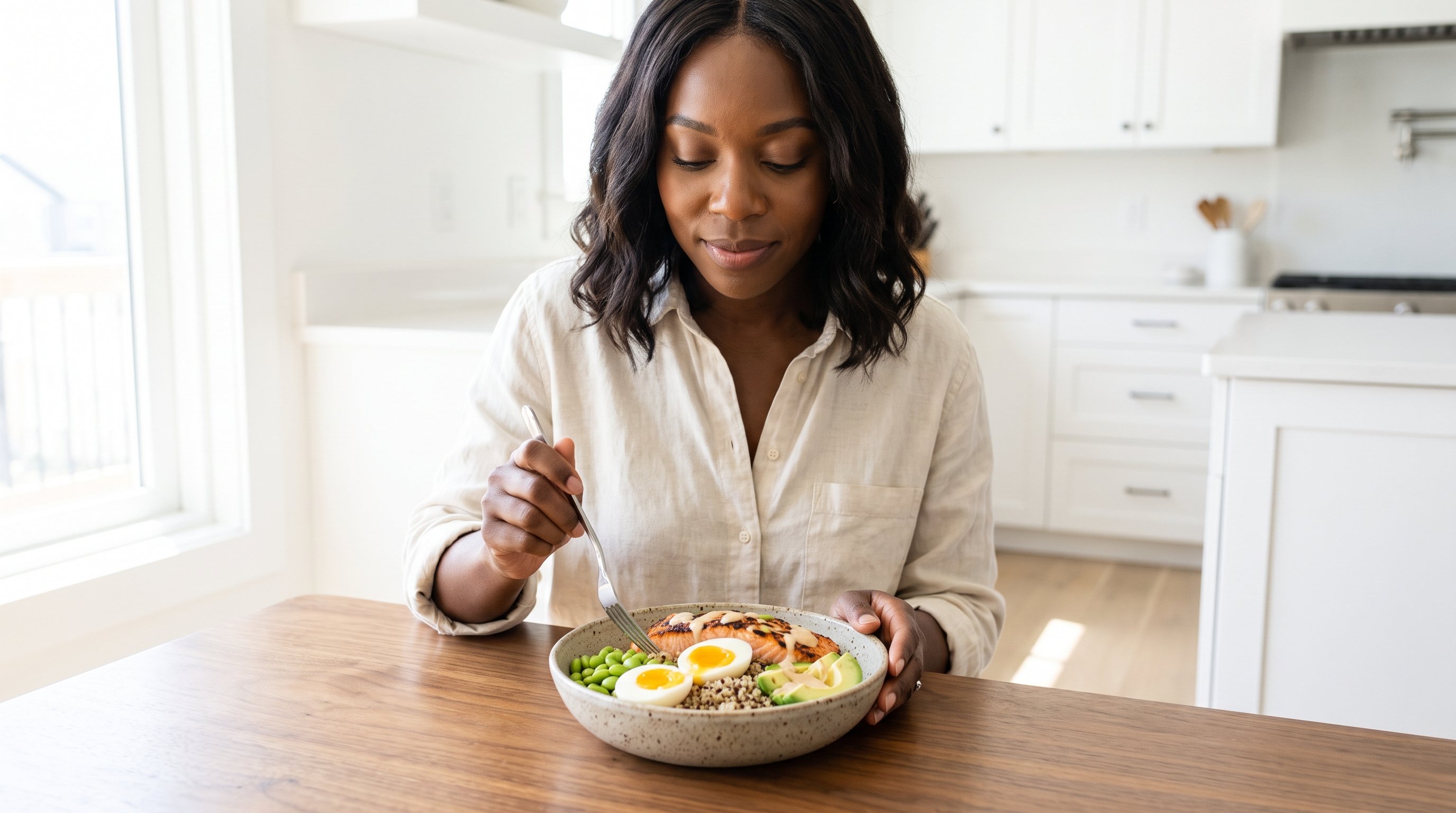 A fit woman in her 20s in neutral activewear preparing a salmon and egg protein bowl in an airy white kitchen