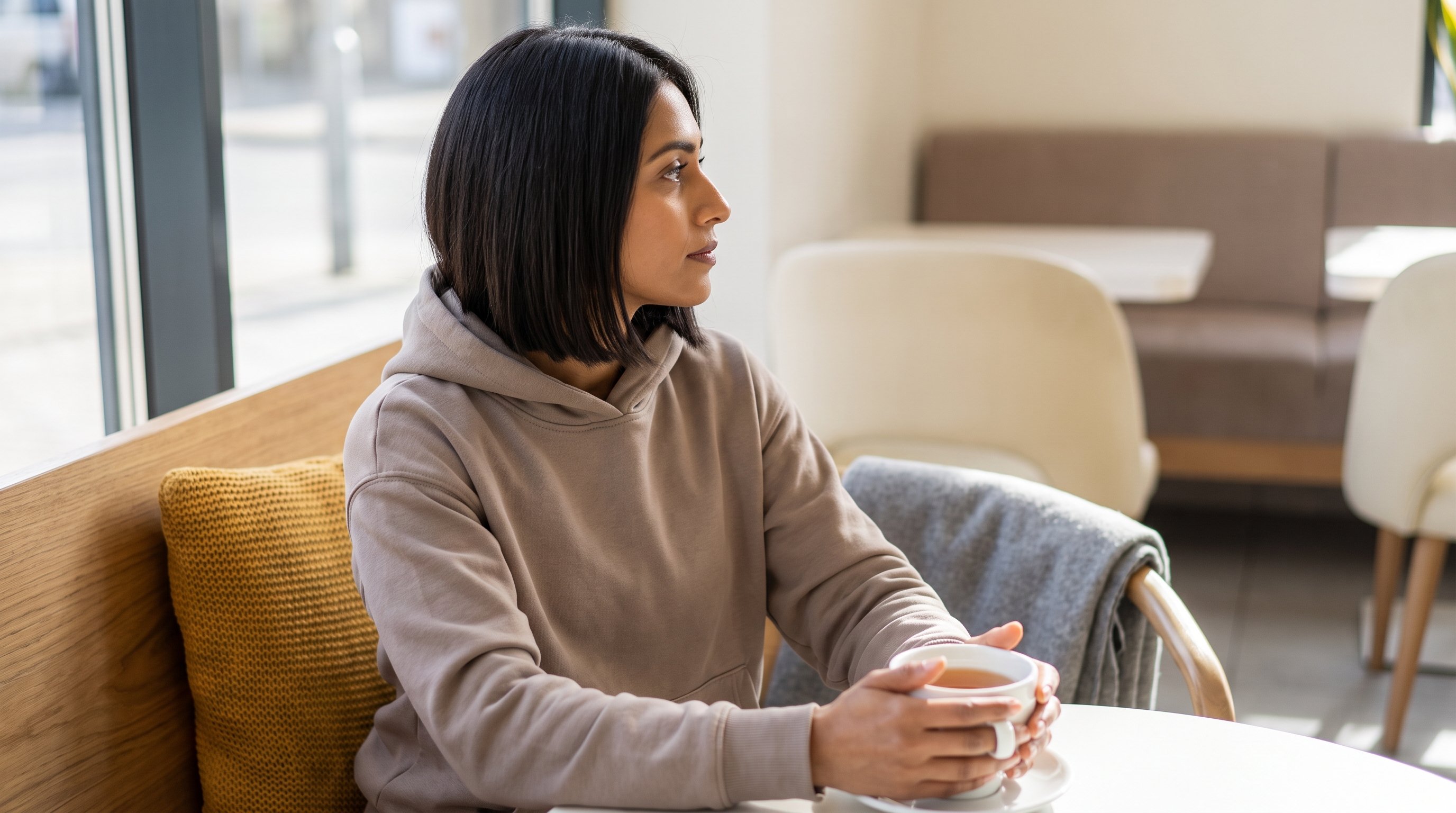 A fit woman in her 20s in neutral activewear sitting at a clean white table with a cup of tea