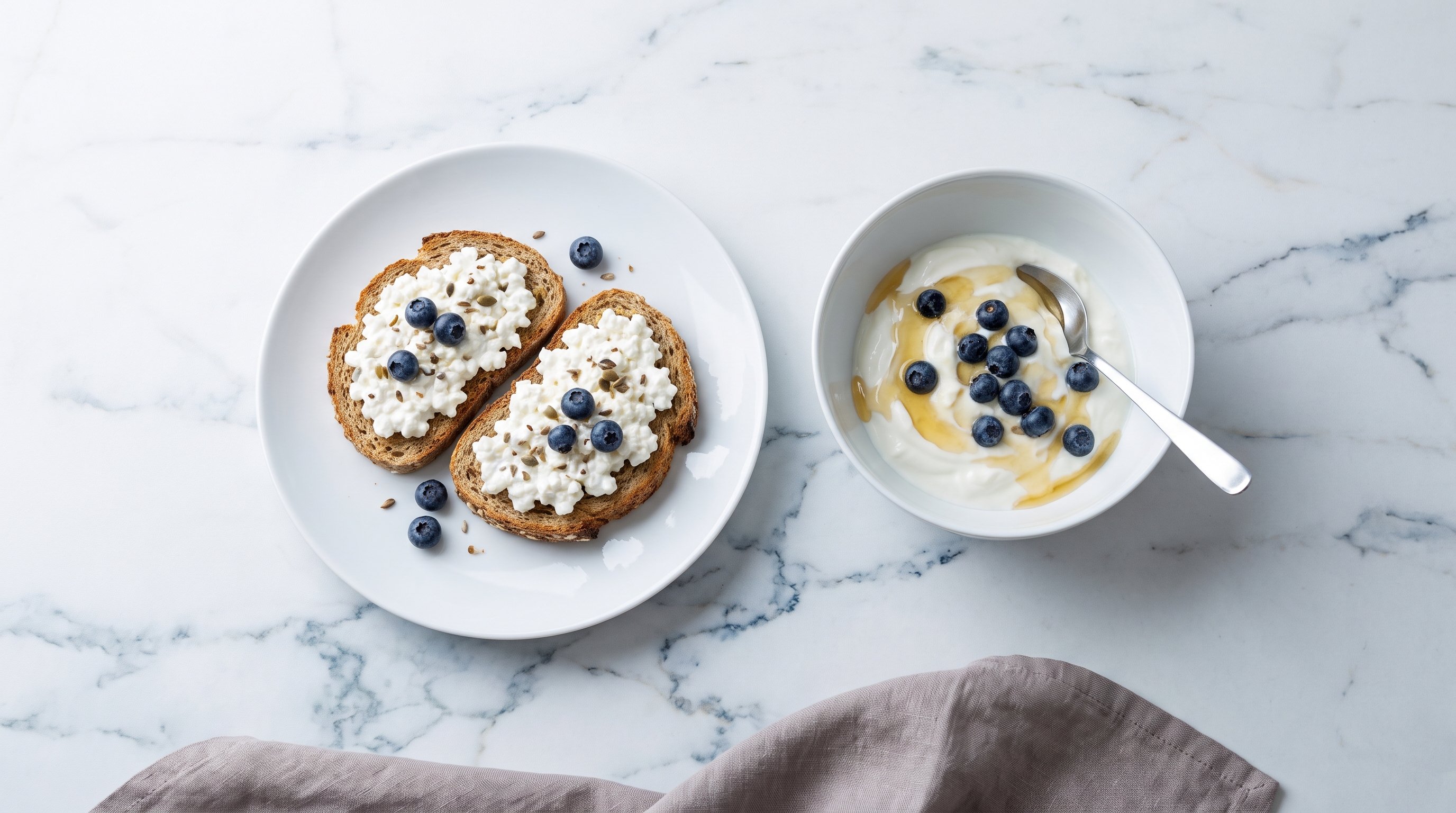 hands adding a spoon of cottage cheese onto wholegrain toast