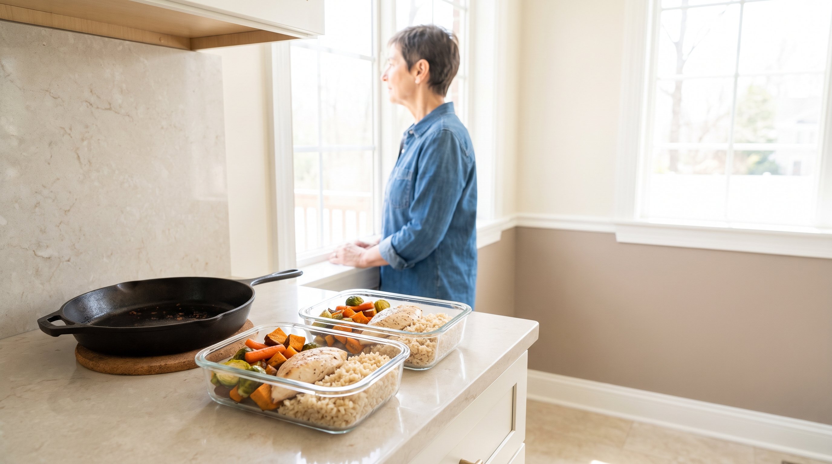 two glass meal prep containers with chicken rice and roasted vegetables on a kitchen counter