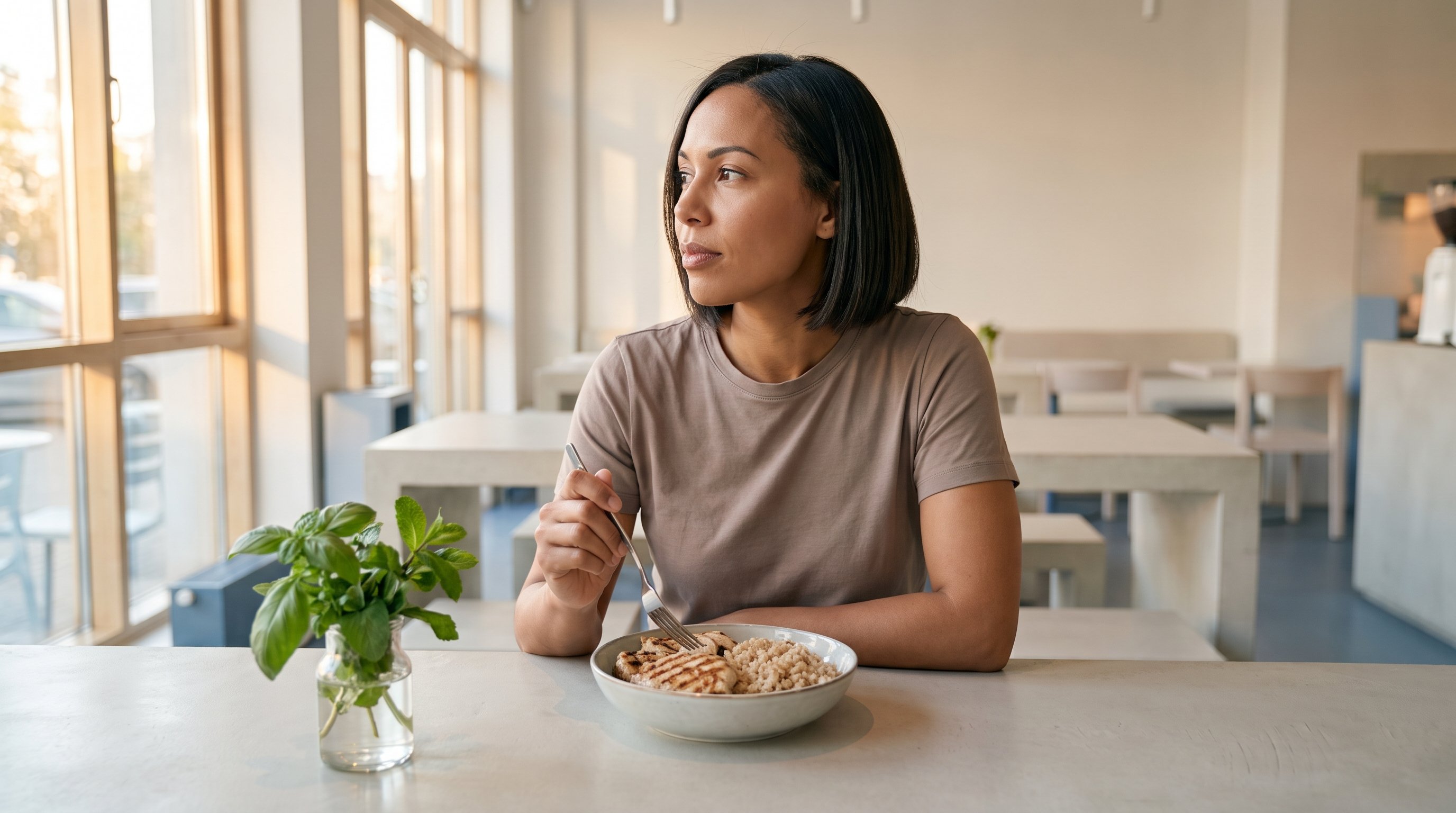 woman logging a meal into her phone at a kitchen table