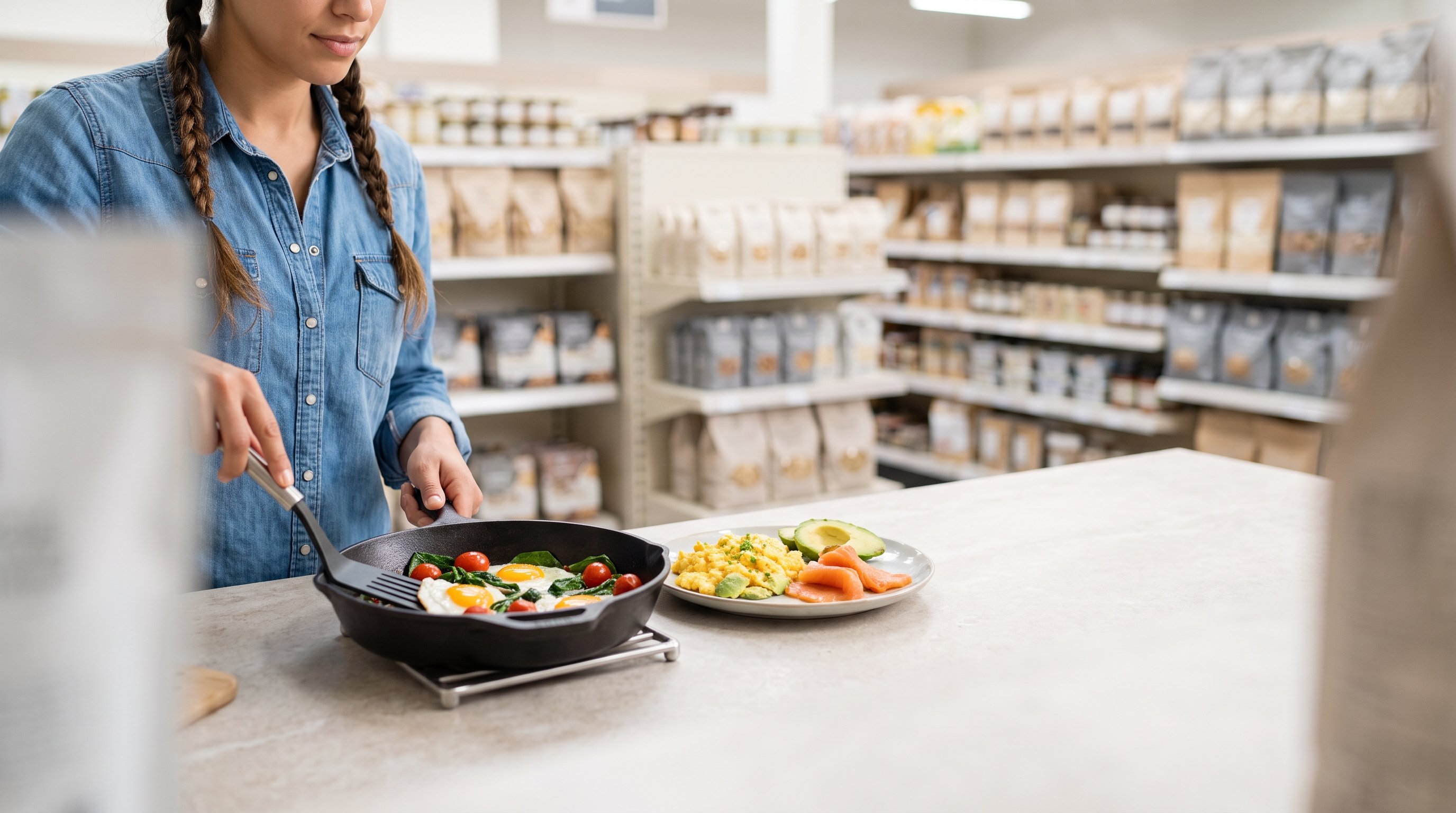 A fit woman in her 20s in neutral activewear cooking a high-protein breakfast plate with eggs in an airy white kitchen