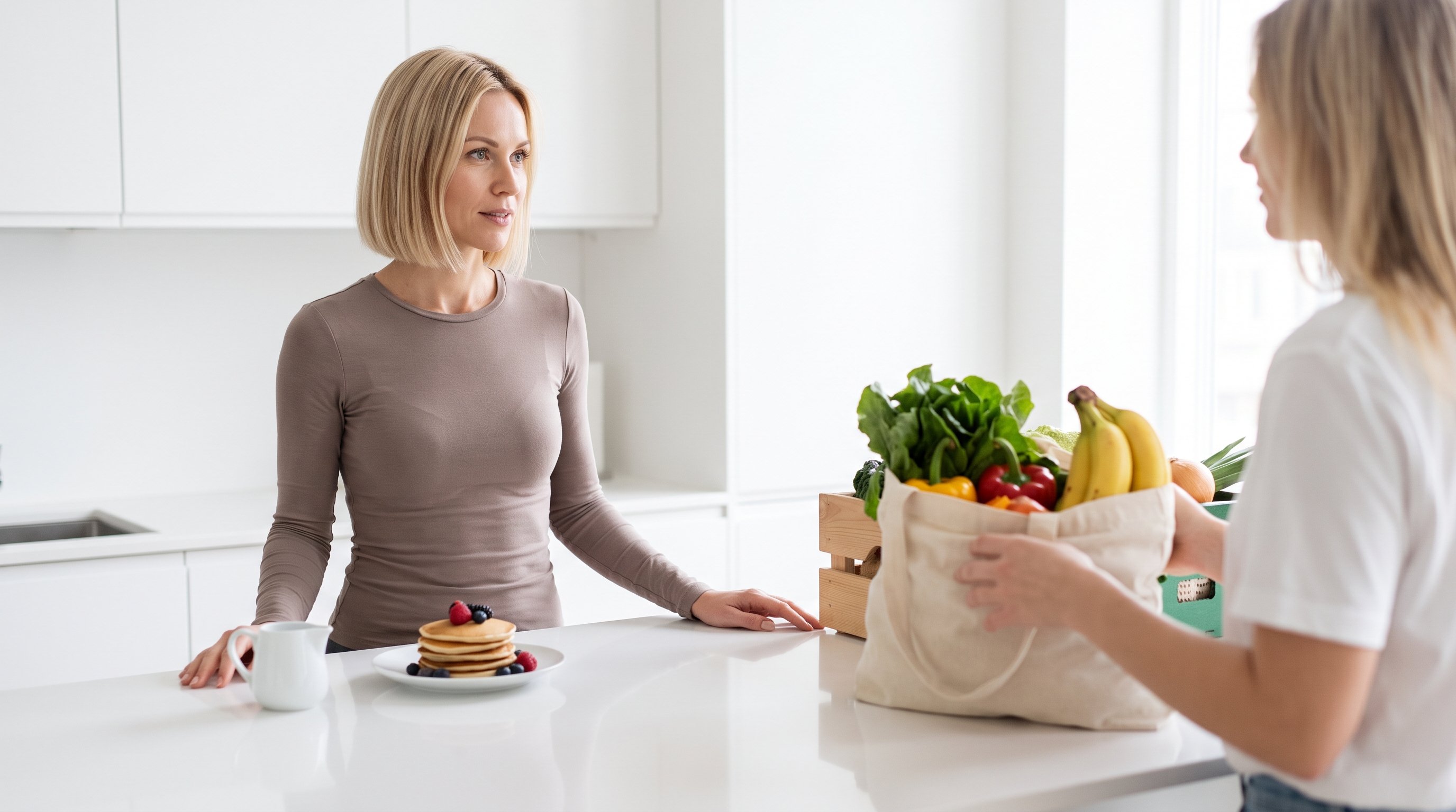 A fit woman in her 20s in neutral activewear shopping for fresh produce at a market stall