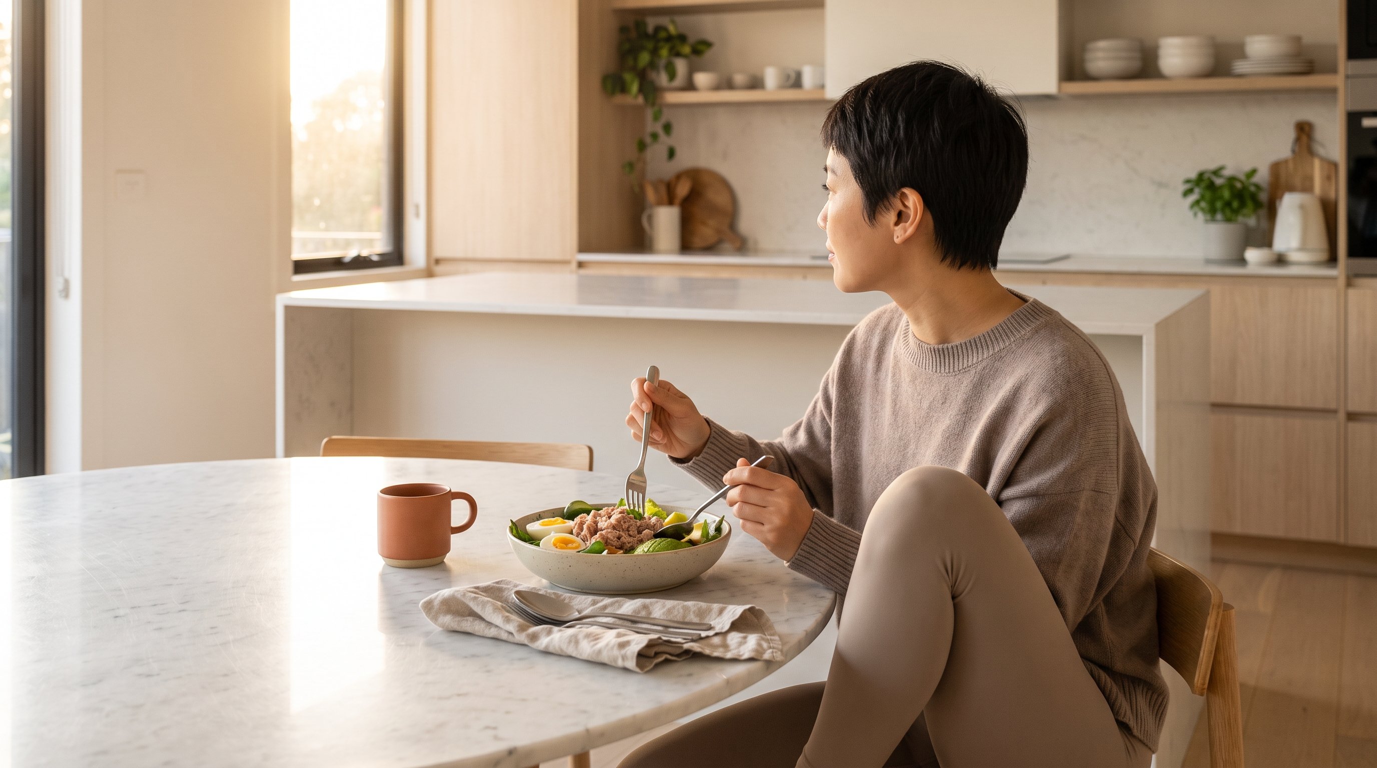 A fit woman in her 20s in neutral activewear enjoying a salmon and egg protein bowl at a clean white table