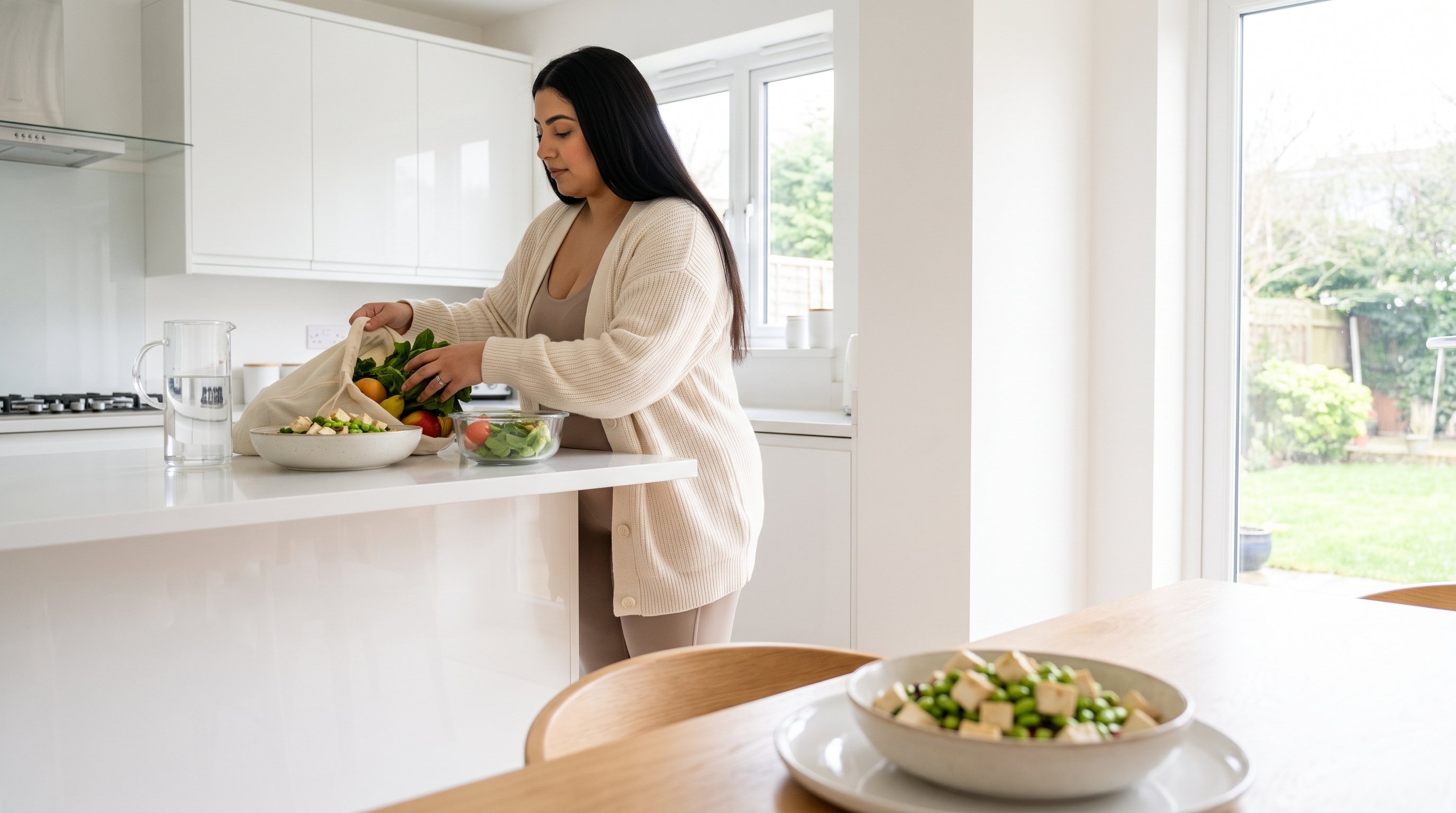 A fit woman in her 20s in neutral activewear putting groceries away in an airy white kitchen