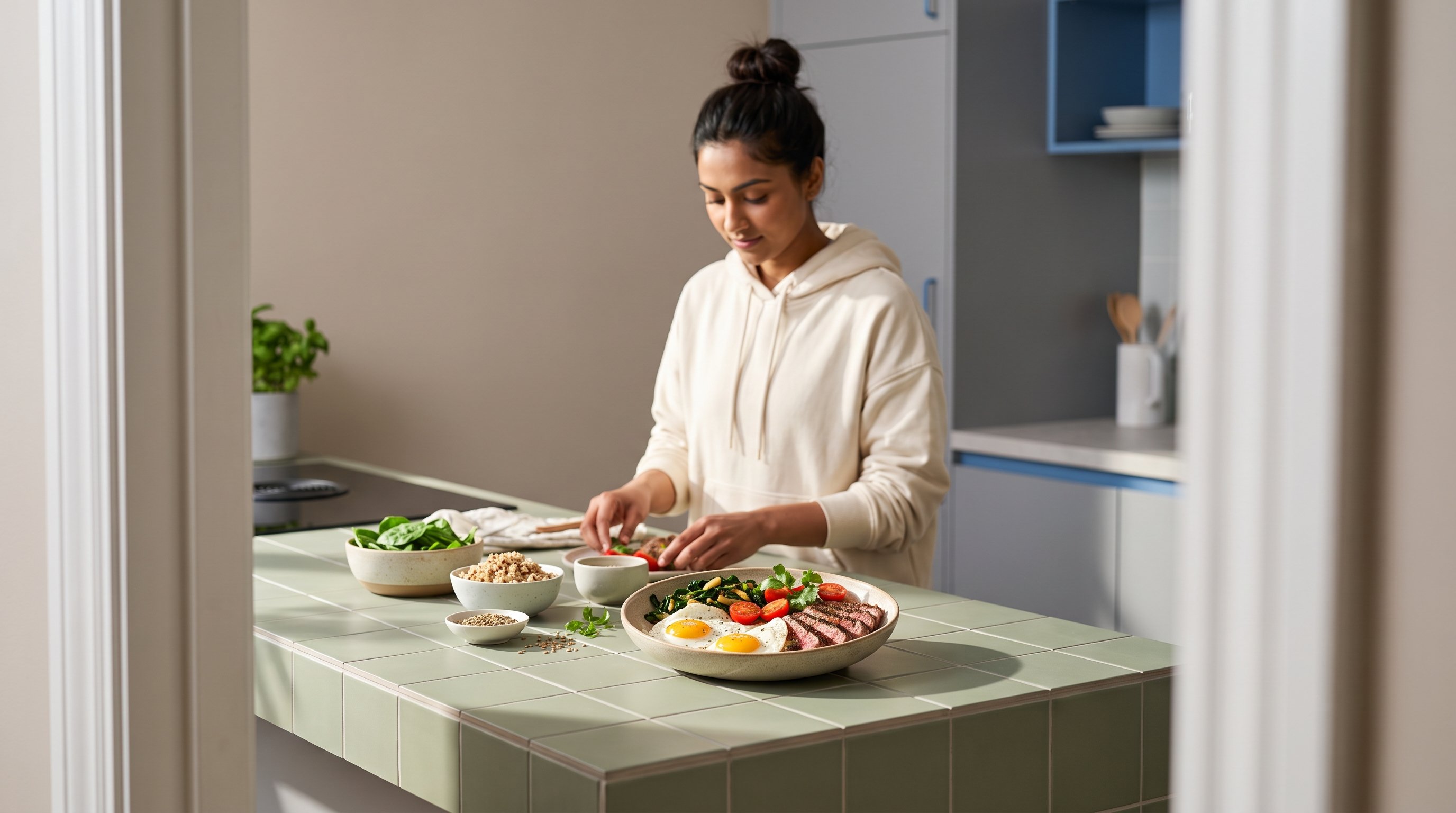 A high-protein breakfast plate with eggs beside fresh ingredients on a clean white table