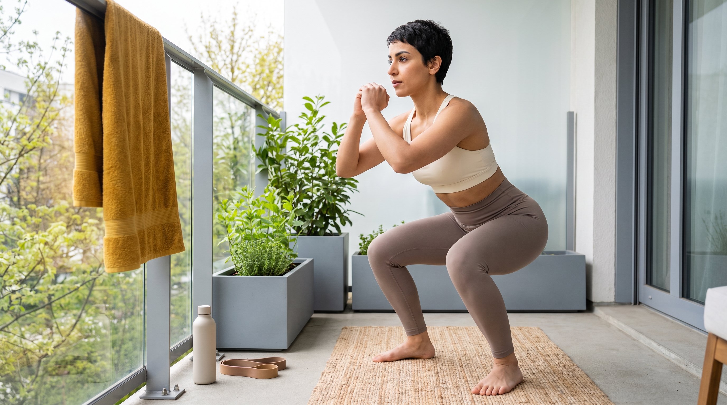 person doing bodyweight squats on a living room rug