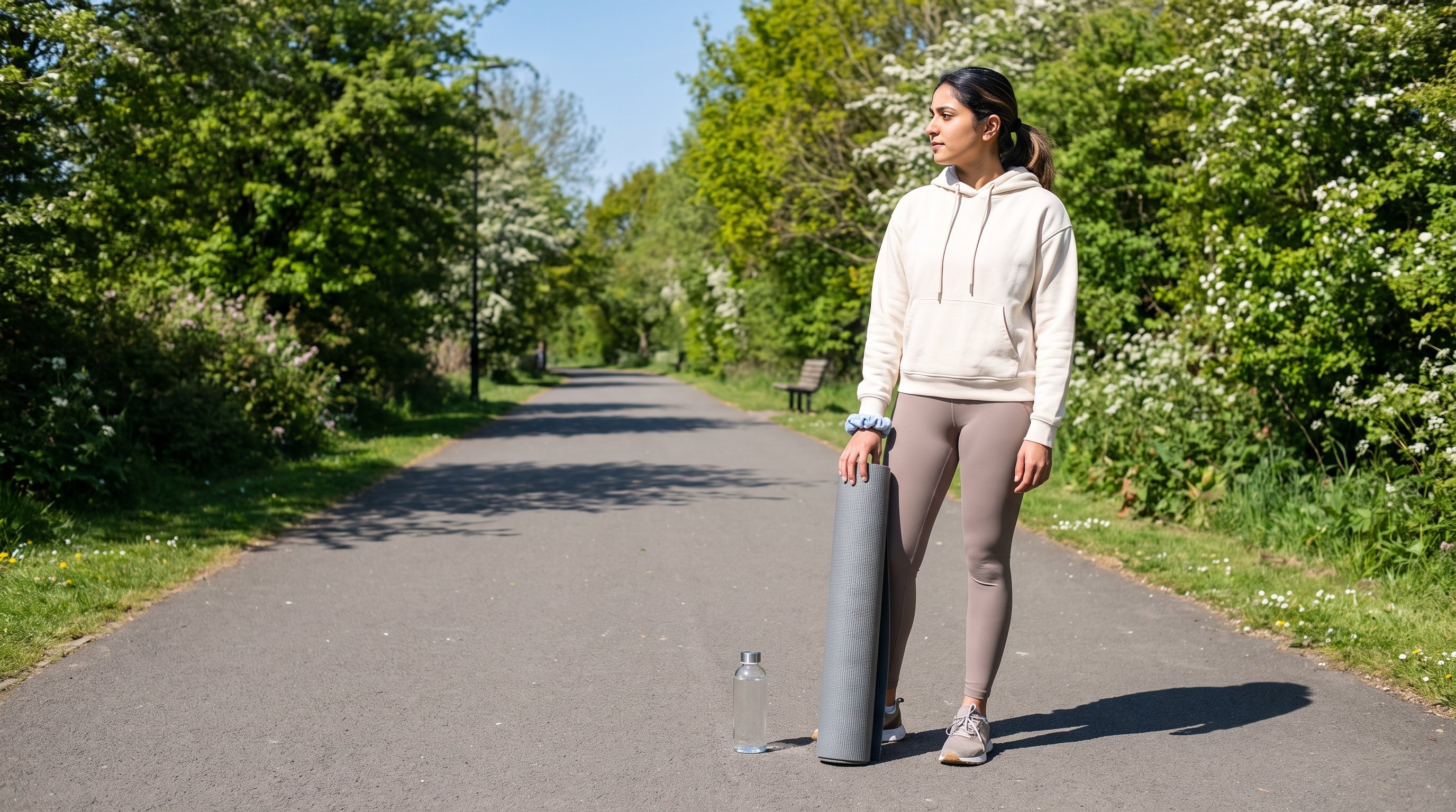 person doing a standing low impact workout on a living room mat