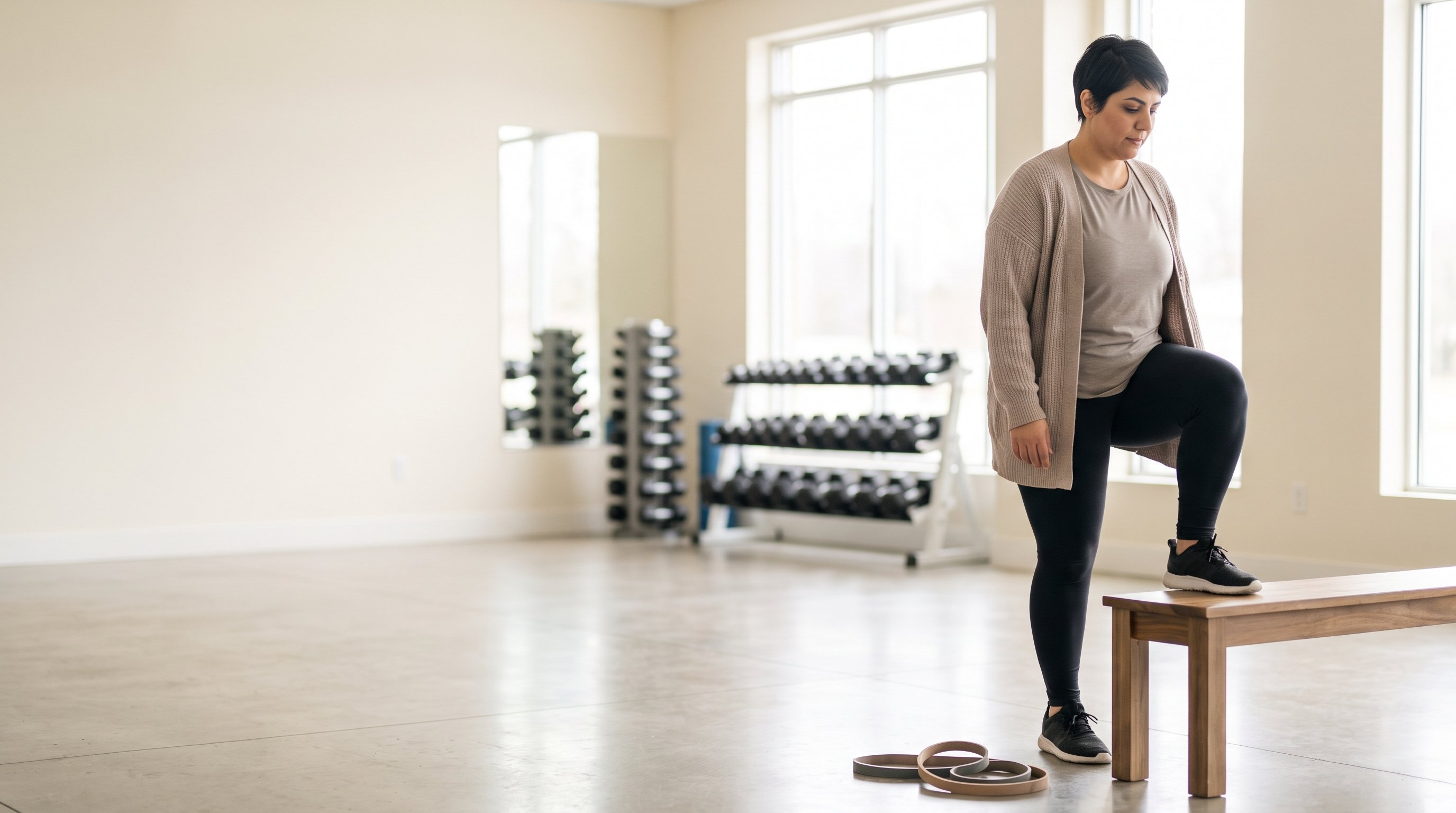 woman doing a slow step-up onto a low bench in a small apartment