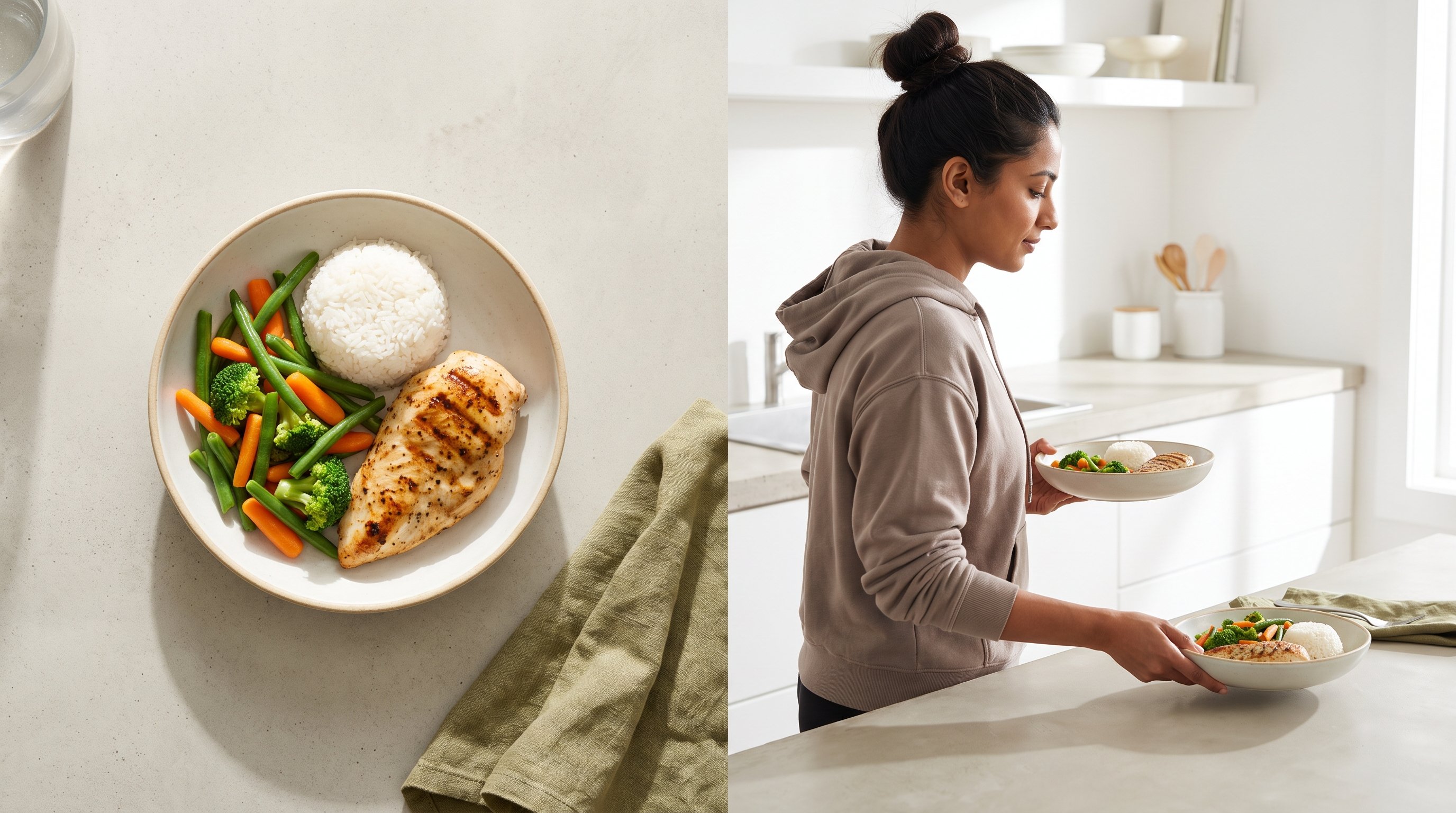 plate of chicken rice and vegetables on kitchen counter