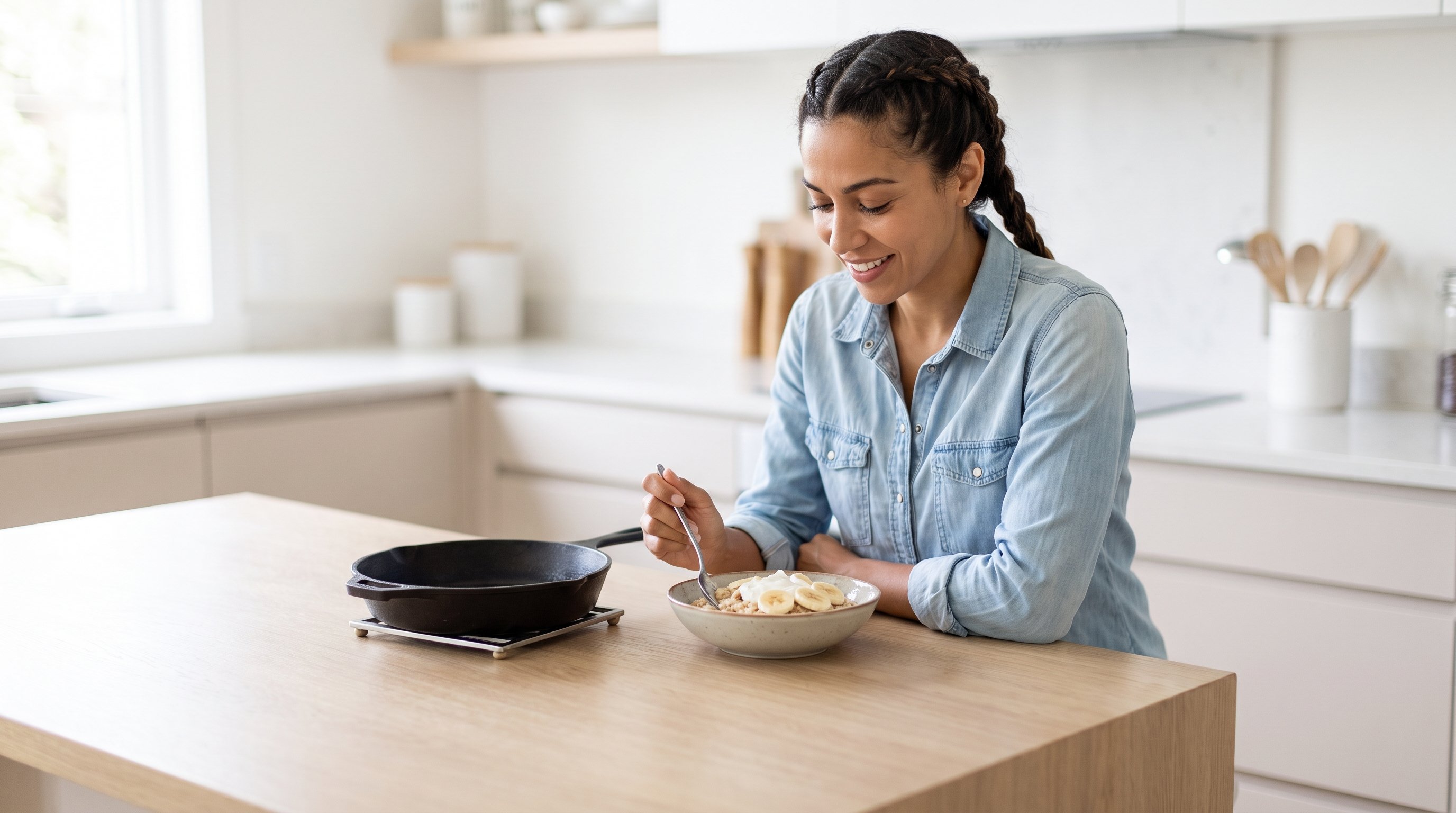 person eating oats and banana at a kitchen counter before exercise
