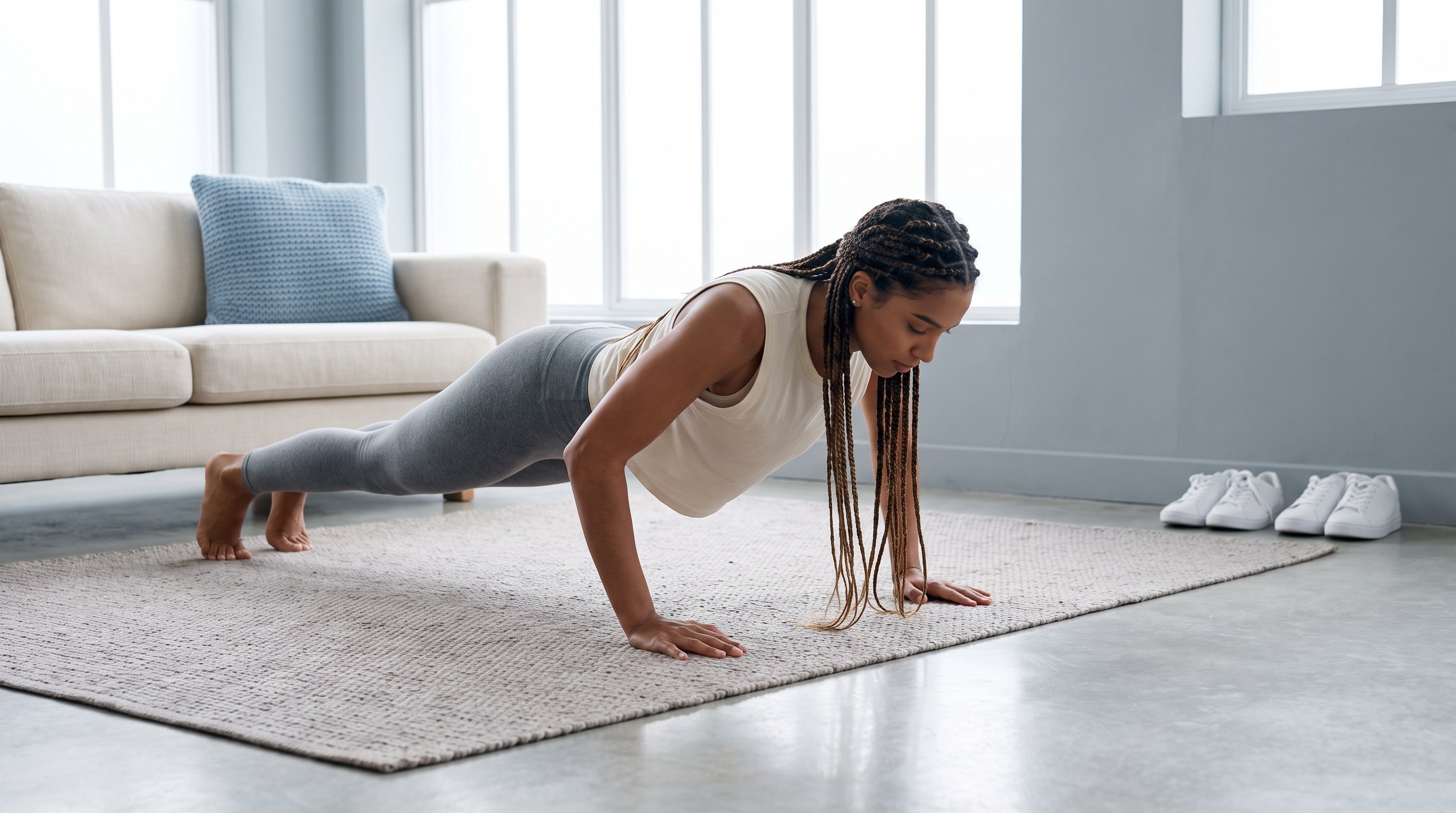 Man doing push ups on living room floor at home