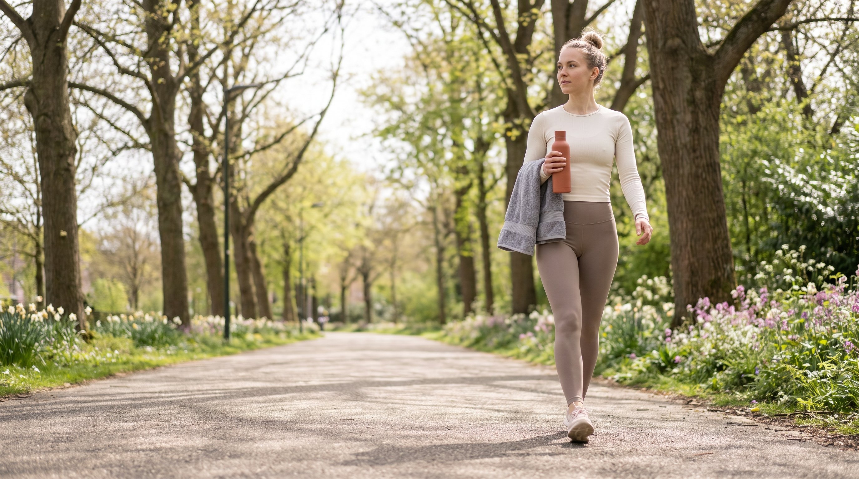 person walking briskly along a tree-lined street person walking briskly along a tree-lined street