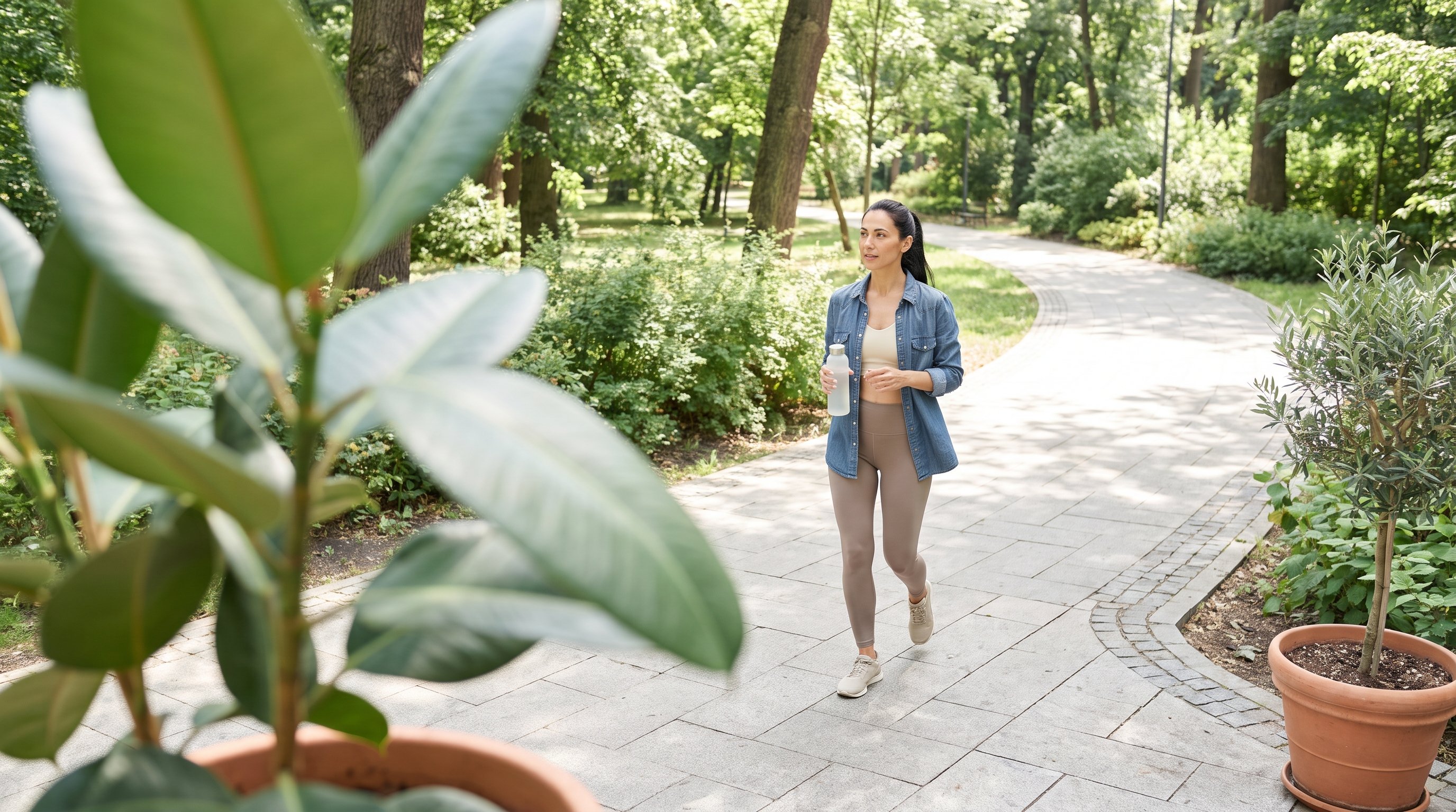 woman checking a fitness watch while walking in a park