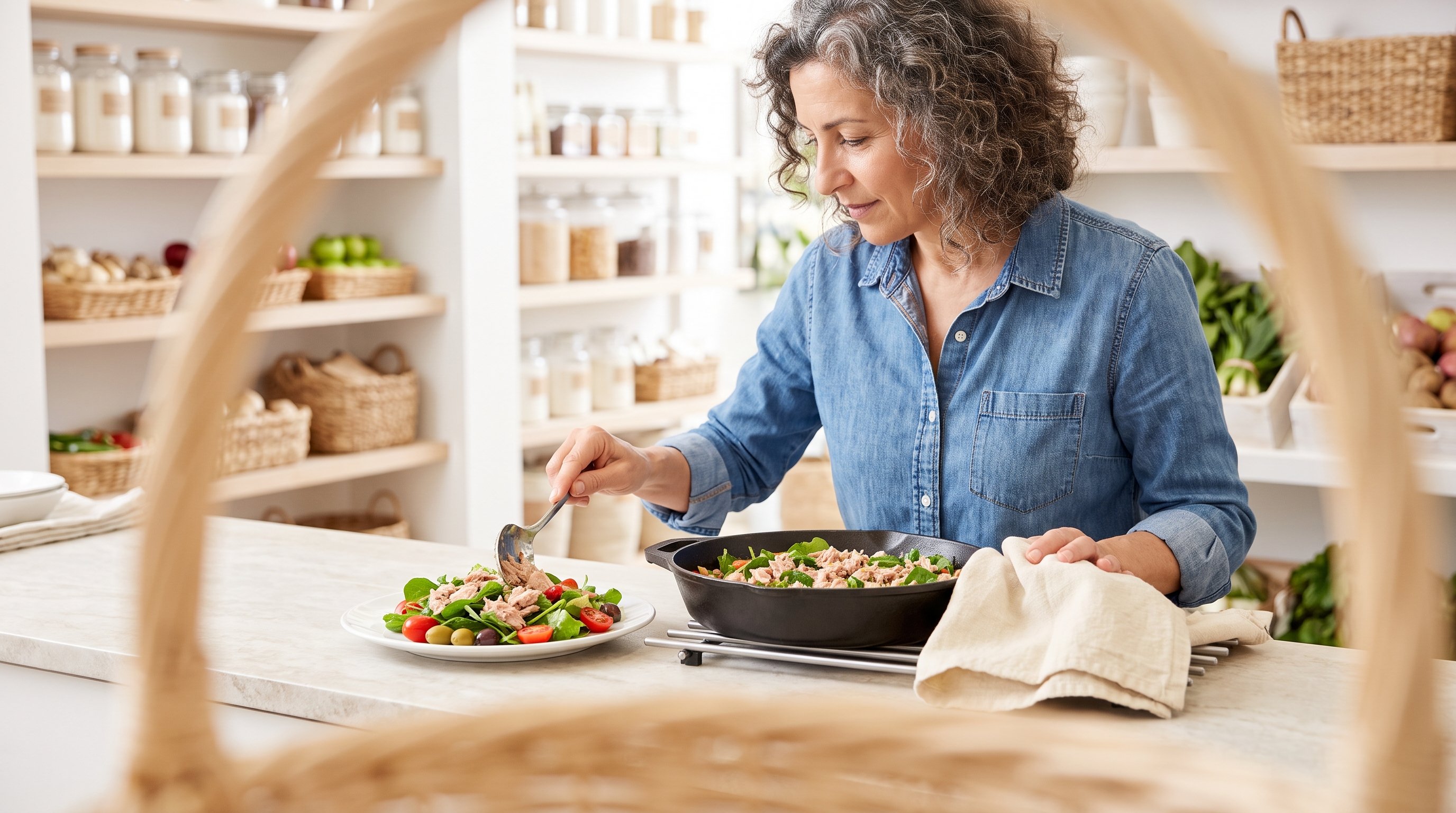 A fit woman in her 20s in neutral activewear plating grilled chicken with rice and greens in an airy white kitchen A fit woman in her 20s in neutral activewear plating grilled chicken with rice and greens in an airy white kitchen