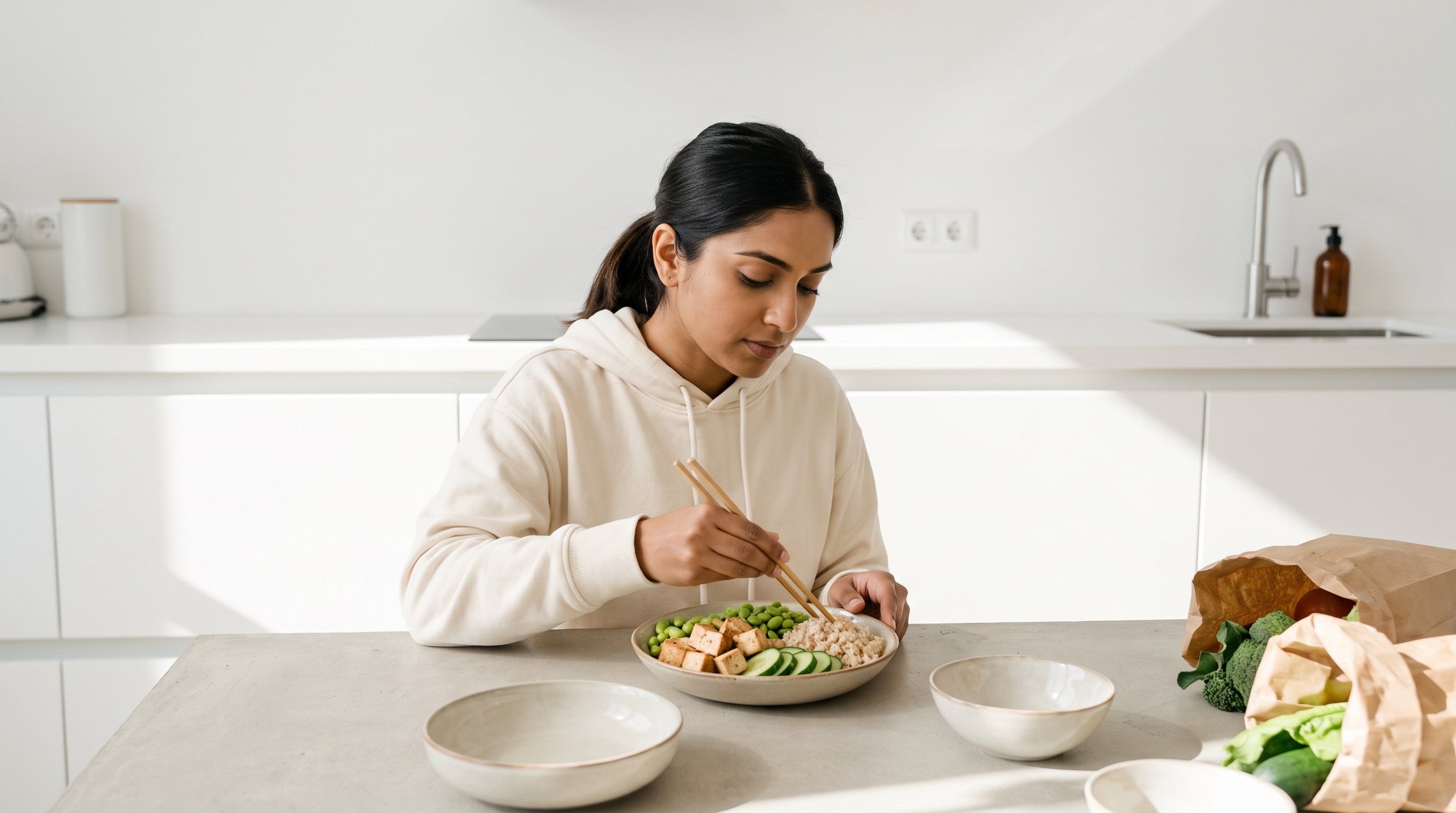 A fit woman in her 20s in neutral activewear unpacking fresh groceries in an airy white kitchen