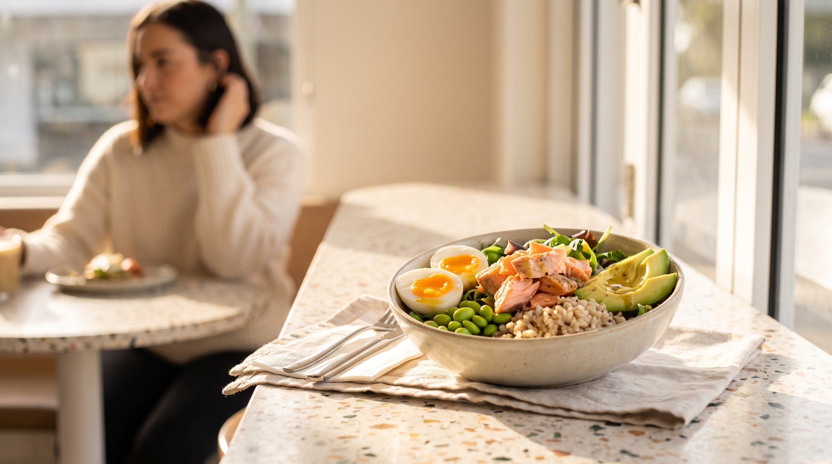 A salmon and egg protein bowl on a clean white table