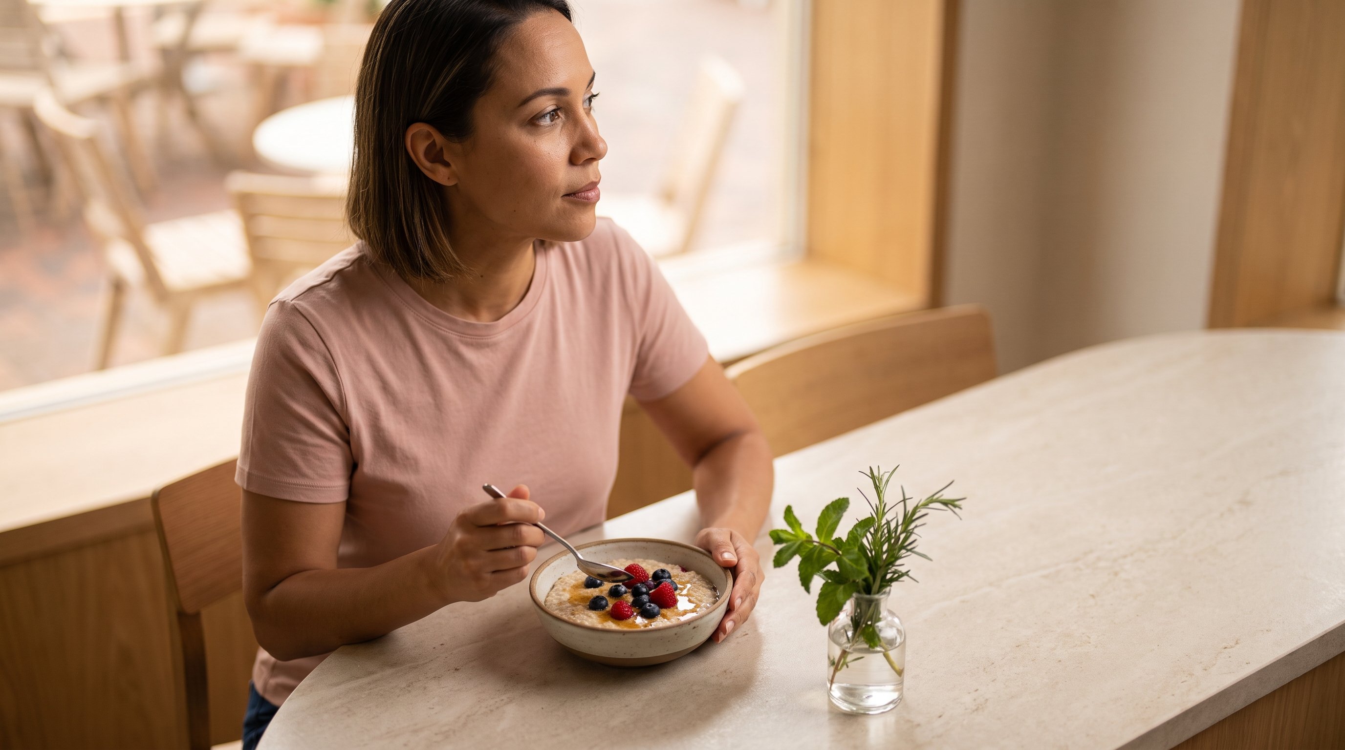 bowl of oats with berries and walnuts on a wooden table