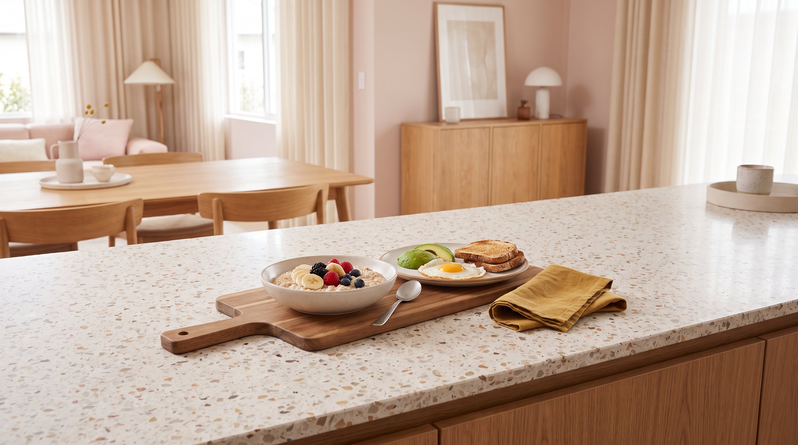 wooden table with eggs, oats and fruit for breakfast wooden table with eggs, oats and fruit for breakfast