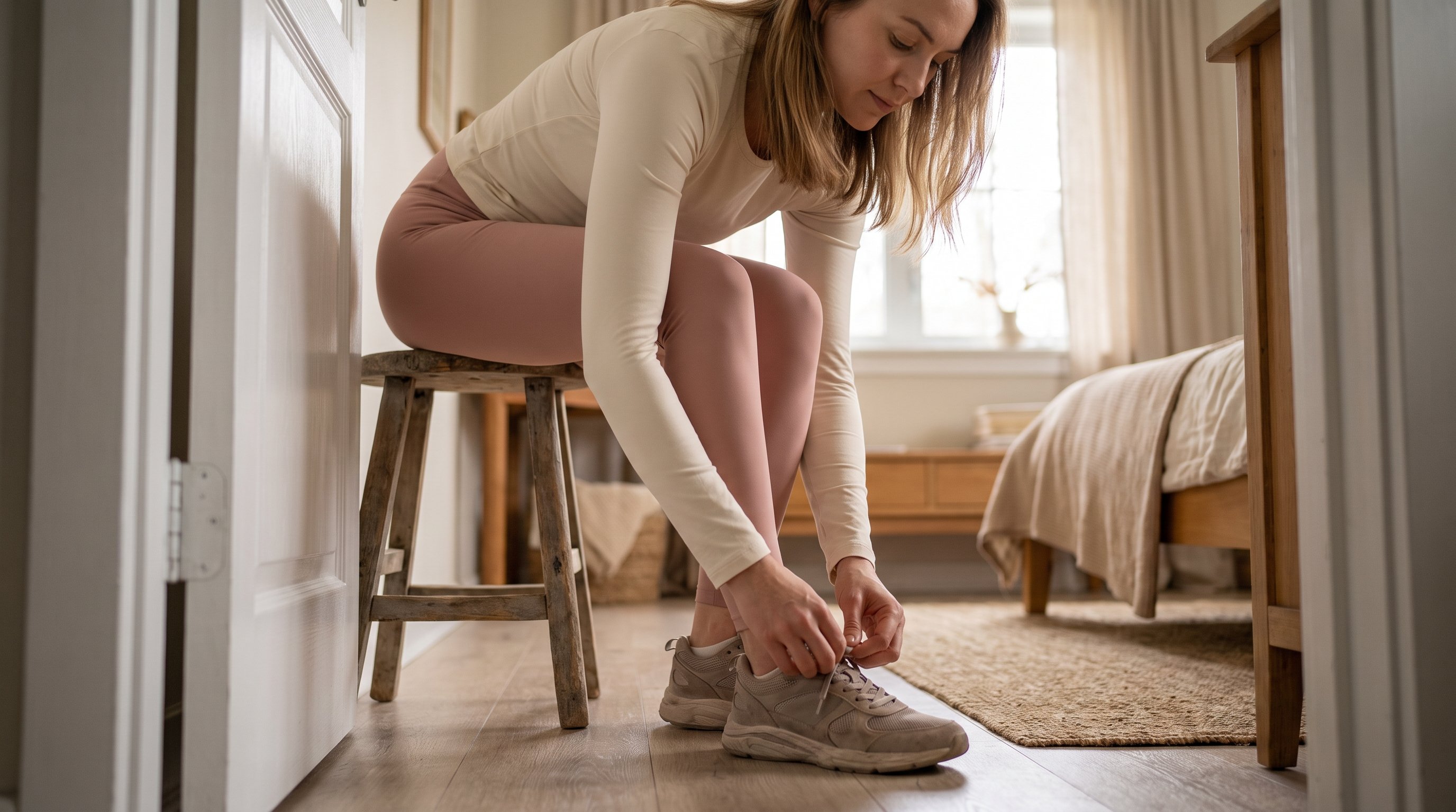 person tying running shoes at sunrise by a doorway