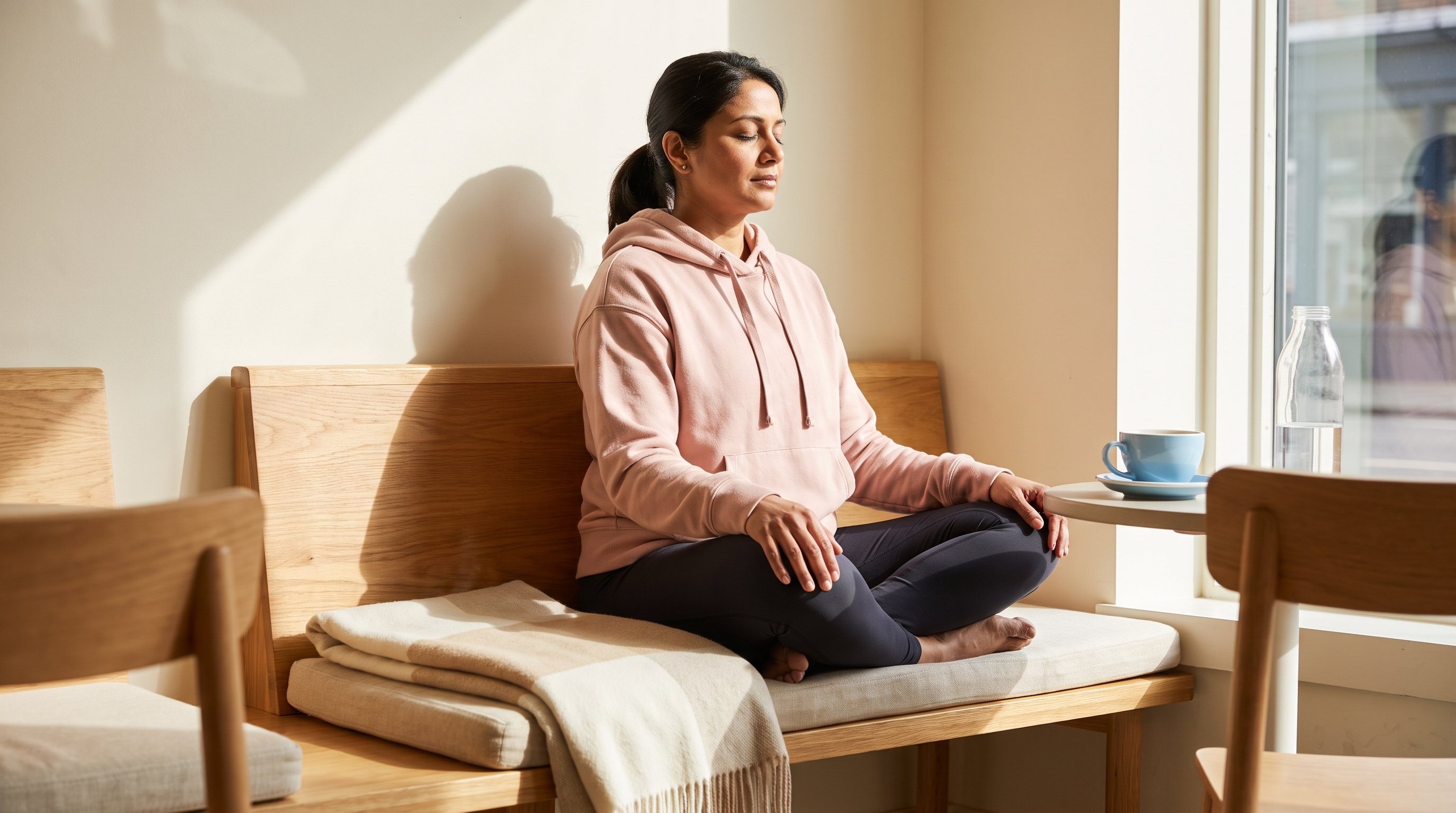 woman sitting calmly on a bed doing a pelvic muscle exercise