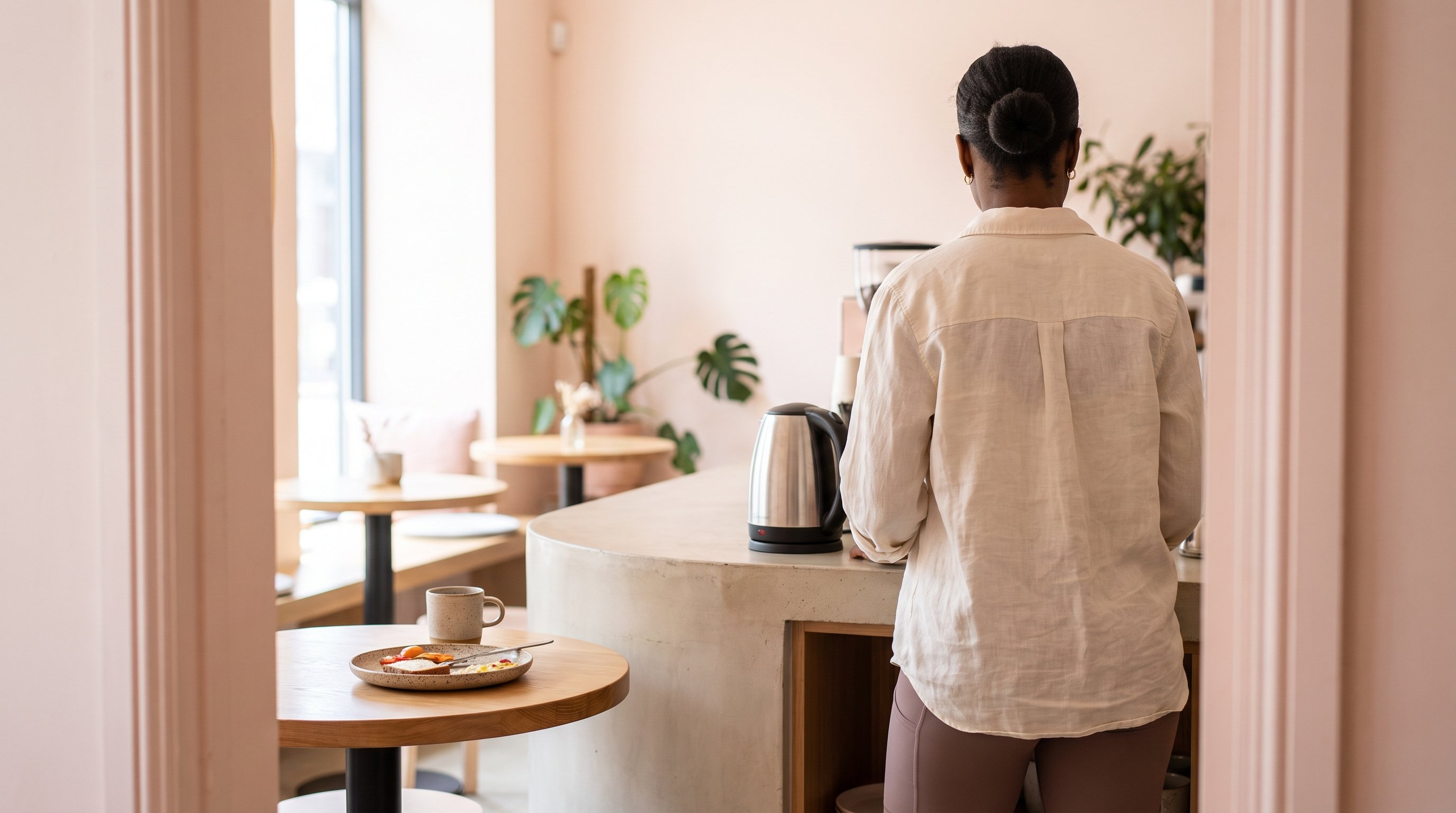 woman waiting at a kitchen counter while the kettle boils