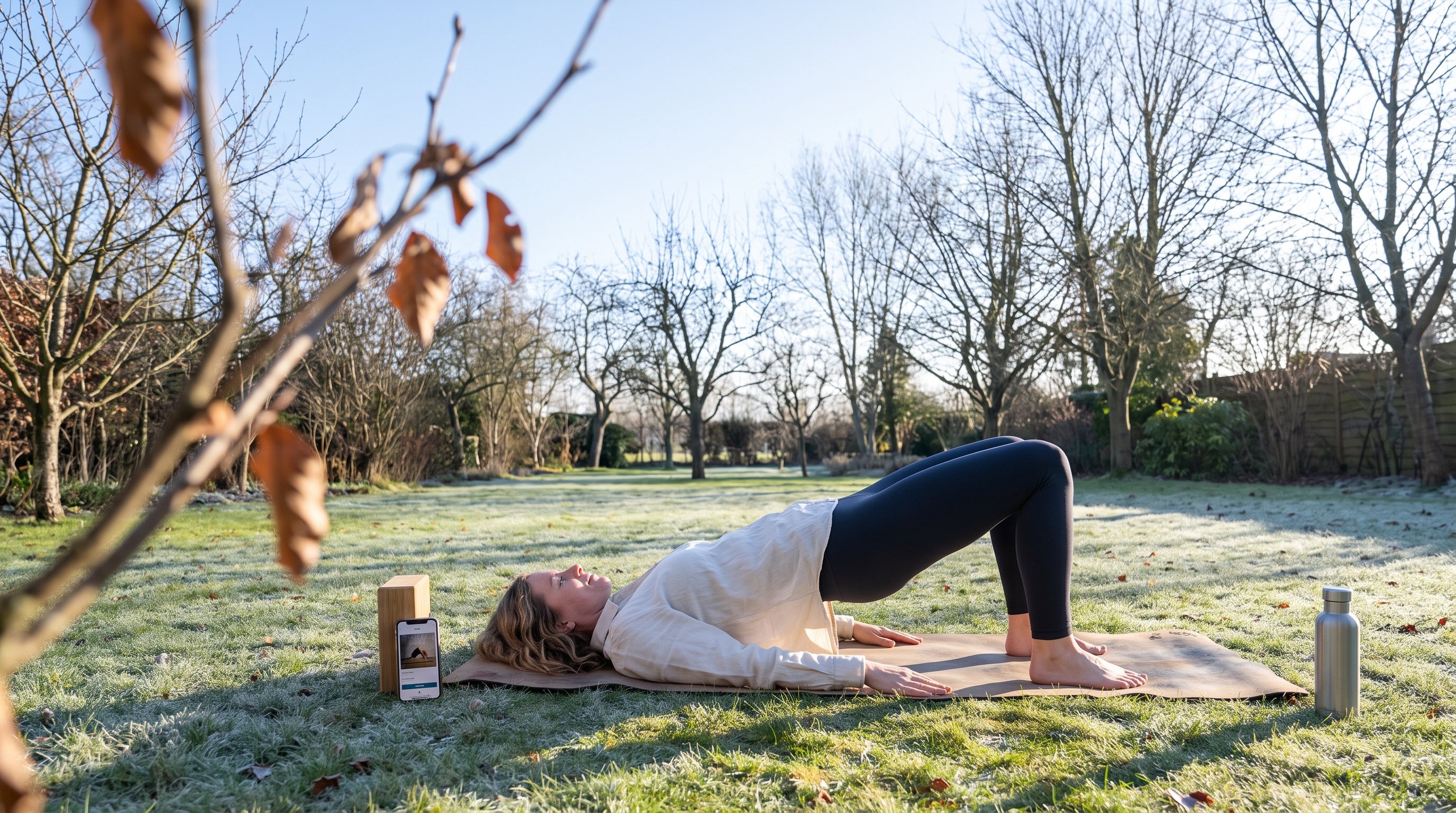 a woman in her 40s doing a gentle glute bridge on a yoga mat at home
